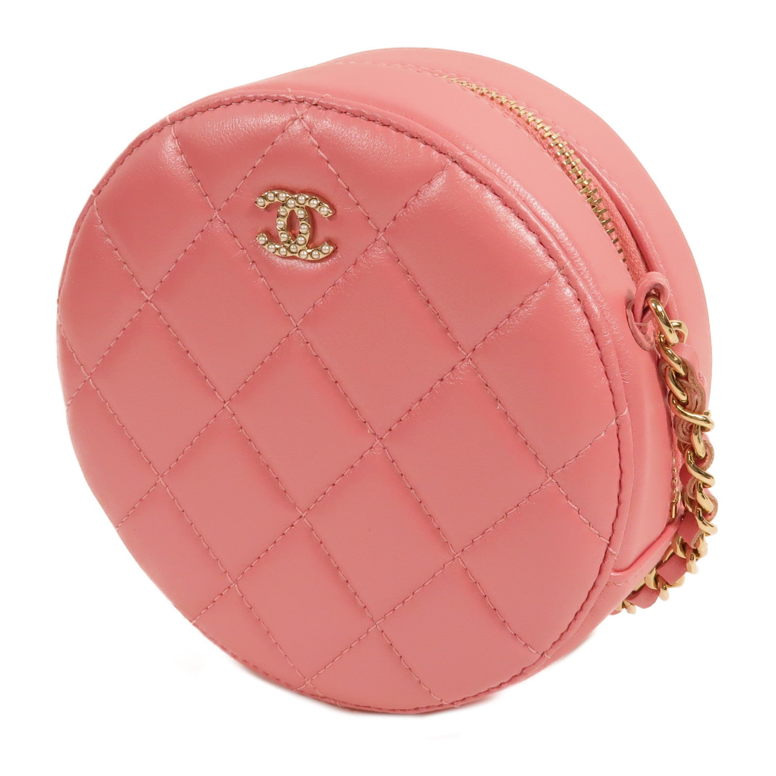 CHANEL 羊皮皮革Round Vanity Case鏈帶肩背袋
