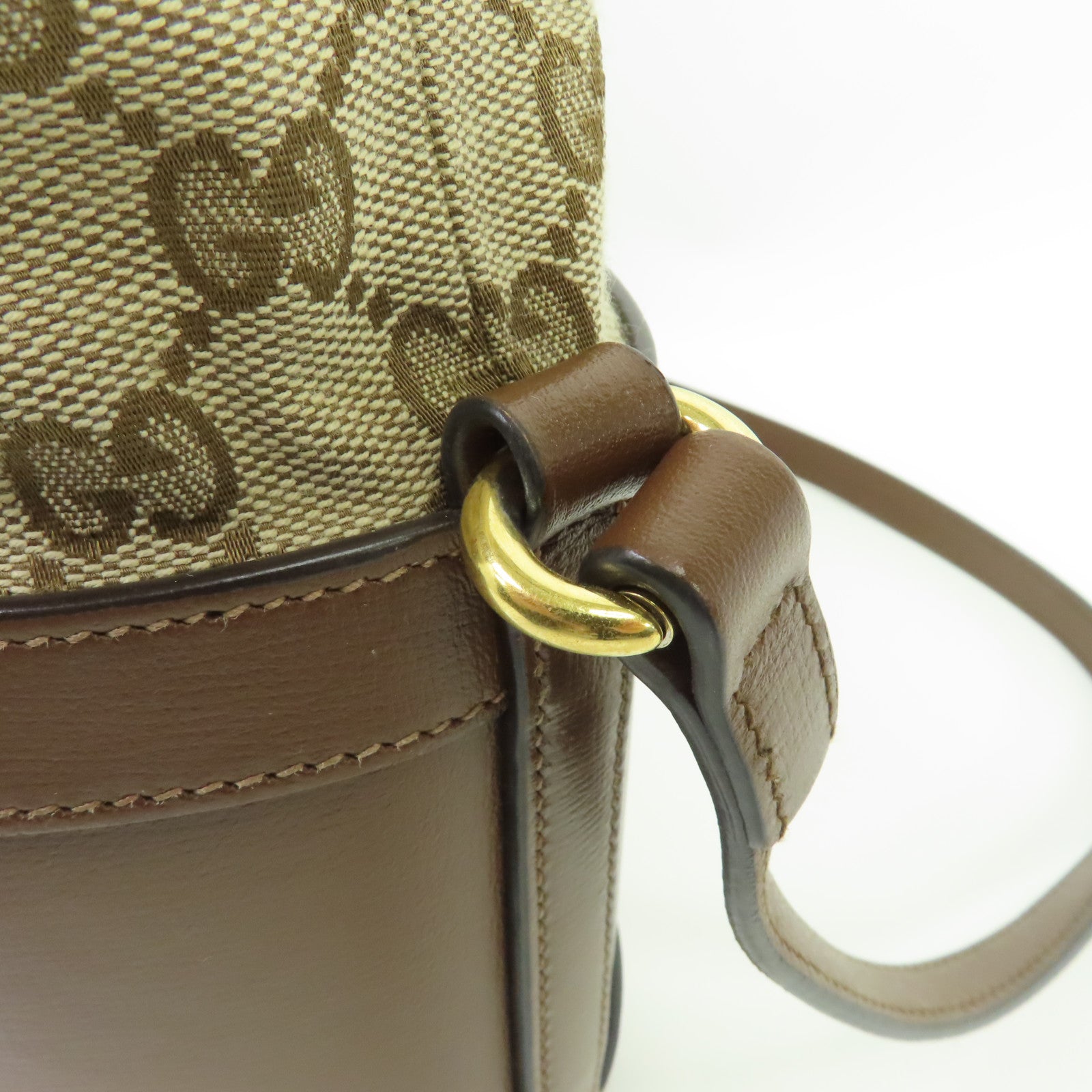 GUCCI 皮革/帆布Horsebit 1955金扣肩背袋啡色