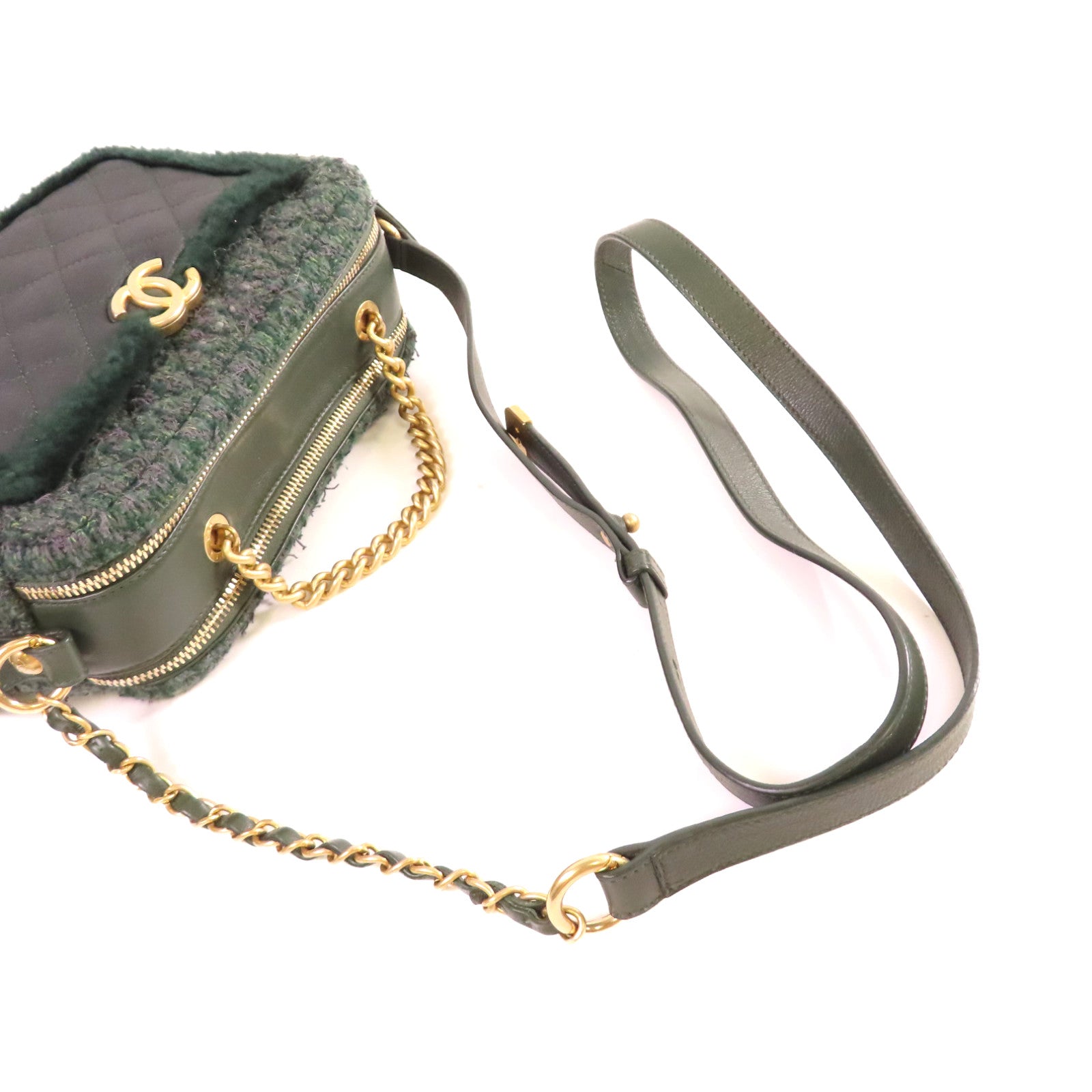 CHANEL 菱格斜紋軟呢Chain Shoulder Bag金扣鏈帶肩背袋綠色