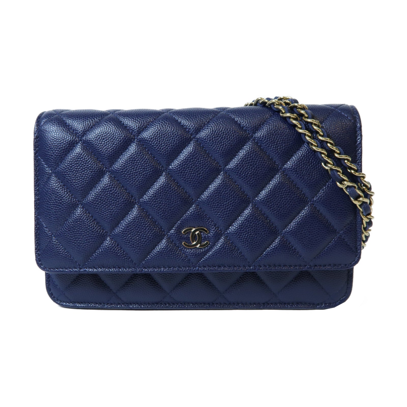 CHANEL 菱格牛皮皮革Wallet On Chain金扣鏈帶肩背袋藍色