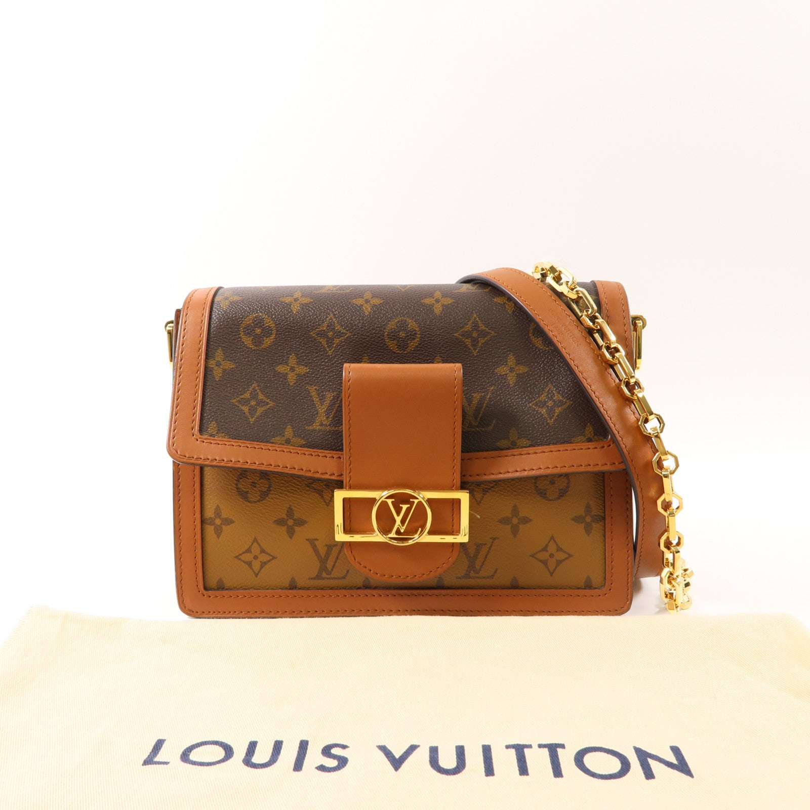 LOUIS VUITTON Monogram/Monogram Reverse Dauphine MM金扣手挽肩背兩用袋棕色