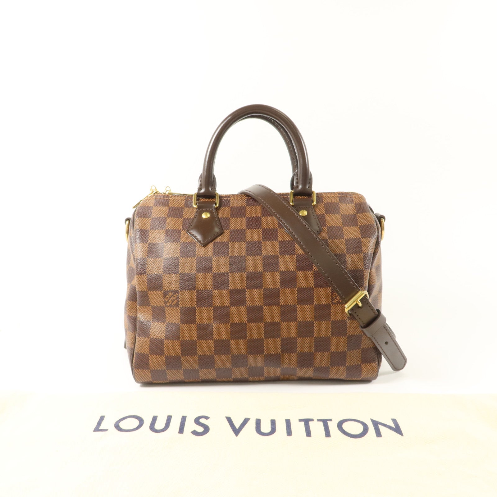 LOUIS VUITTON Damier Speedy Bandouliere 25金扣手挽肩背兩用袋棕色