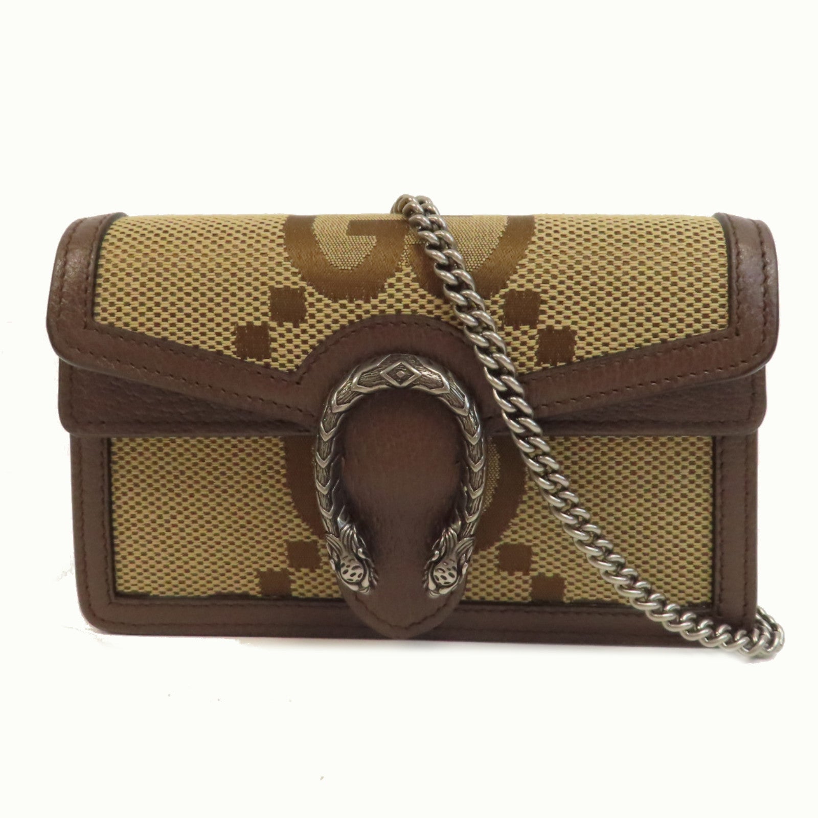 GUCCI 帆布Dionysus Mini銀扣鏈帶肩背袋啡色