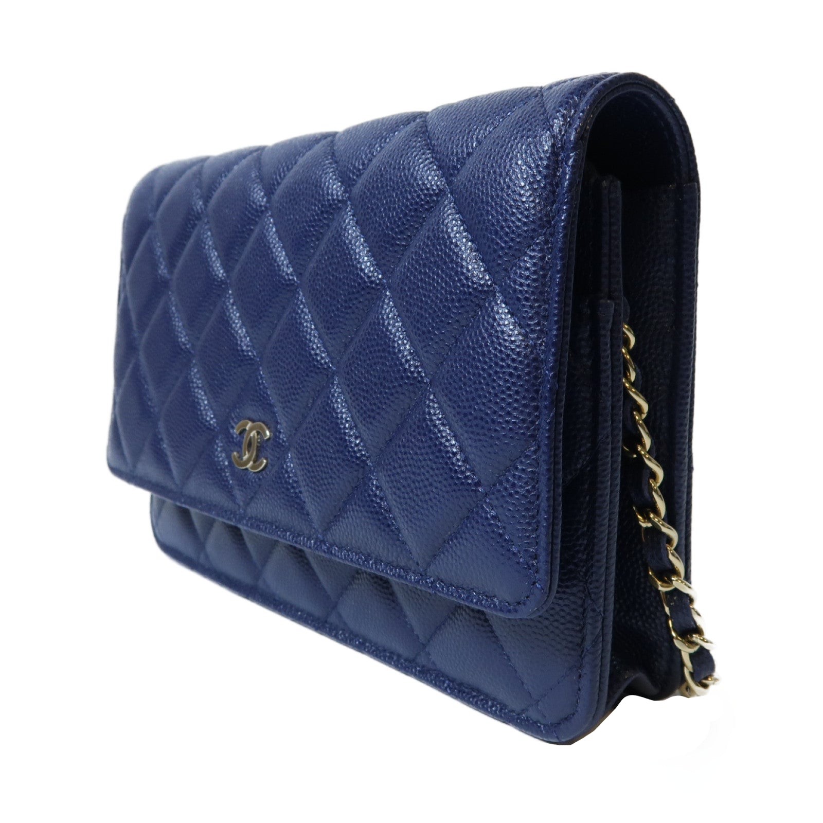 CHANEL 菱格牛皮皮革Wallet On Chain金扣鏈帶肩背袋藍色