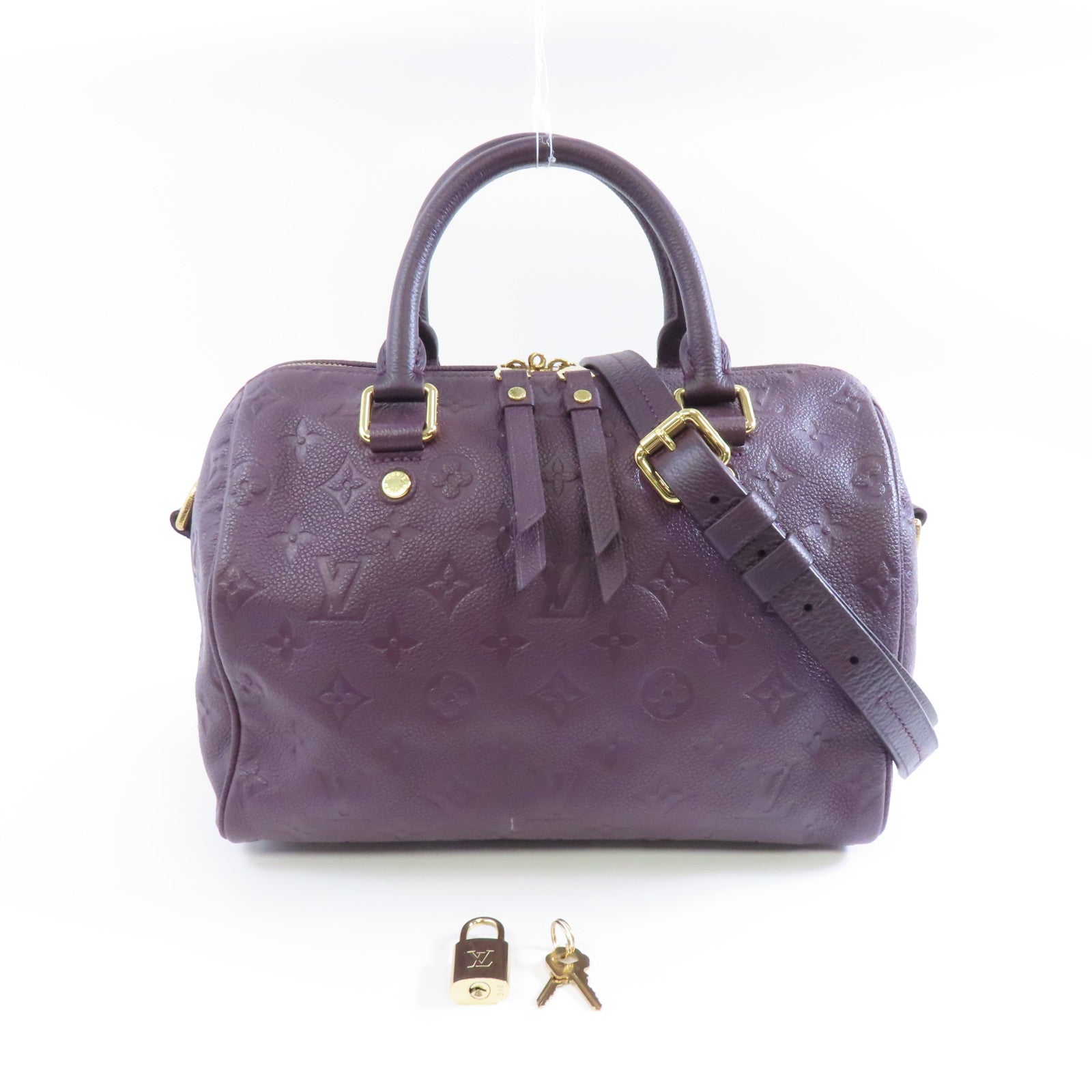 LOUIS VUITTON Monogram Empreinte Bandolier Speedy 25金扣手挽肩背兩用袋紫色