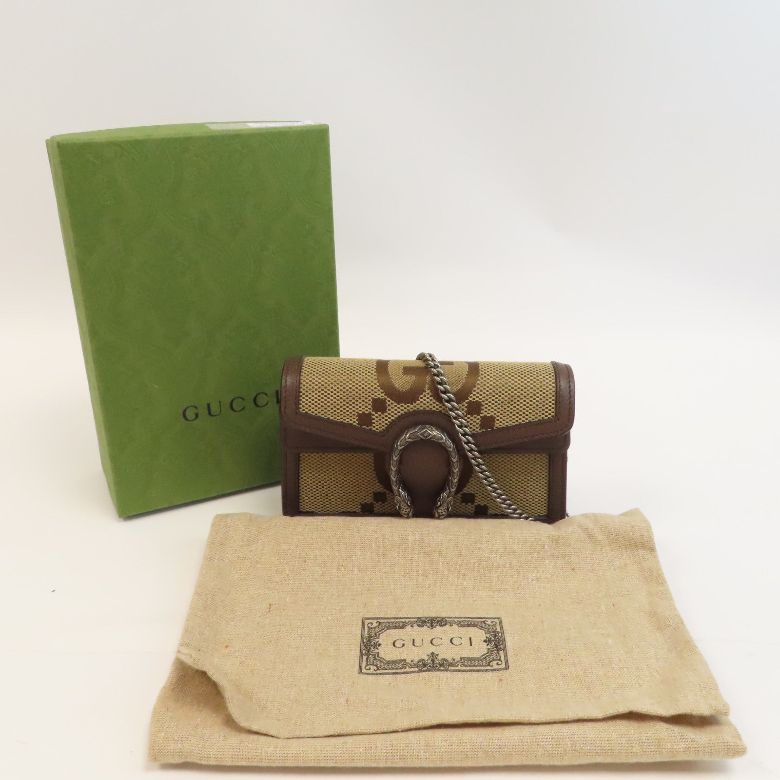 GUCCI 帆布Dionysus Mini銀扣鏈帶肩背袋啡色