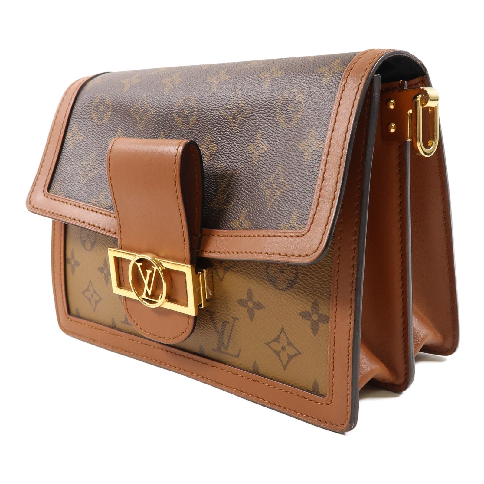 LOUIS VUITTON Monogram/Monogram Reverse Dauphine MM金扣手挽肩背兩用袋棕色