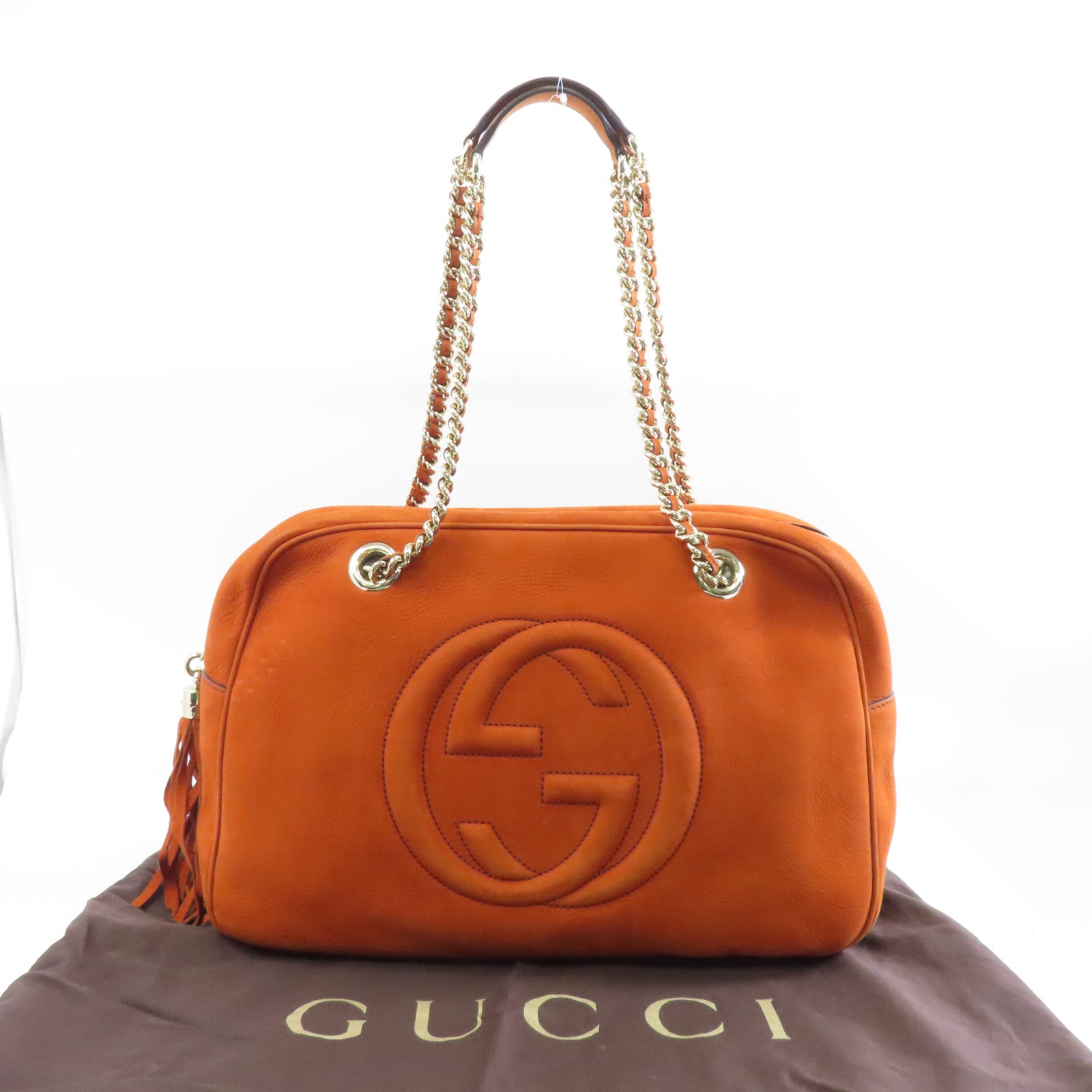 GUCCI 磨砂皮Chain Shoulder金扣鏈帶肩背袋啡色