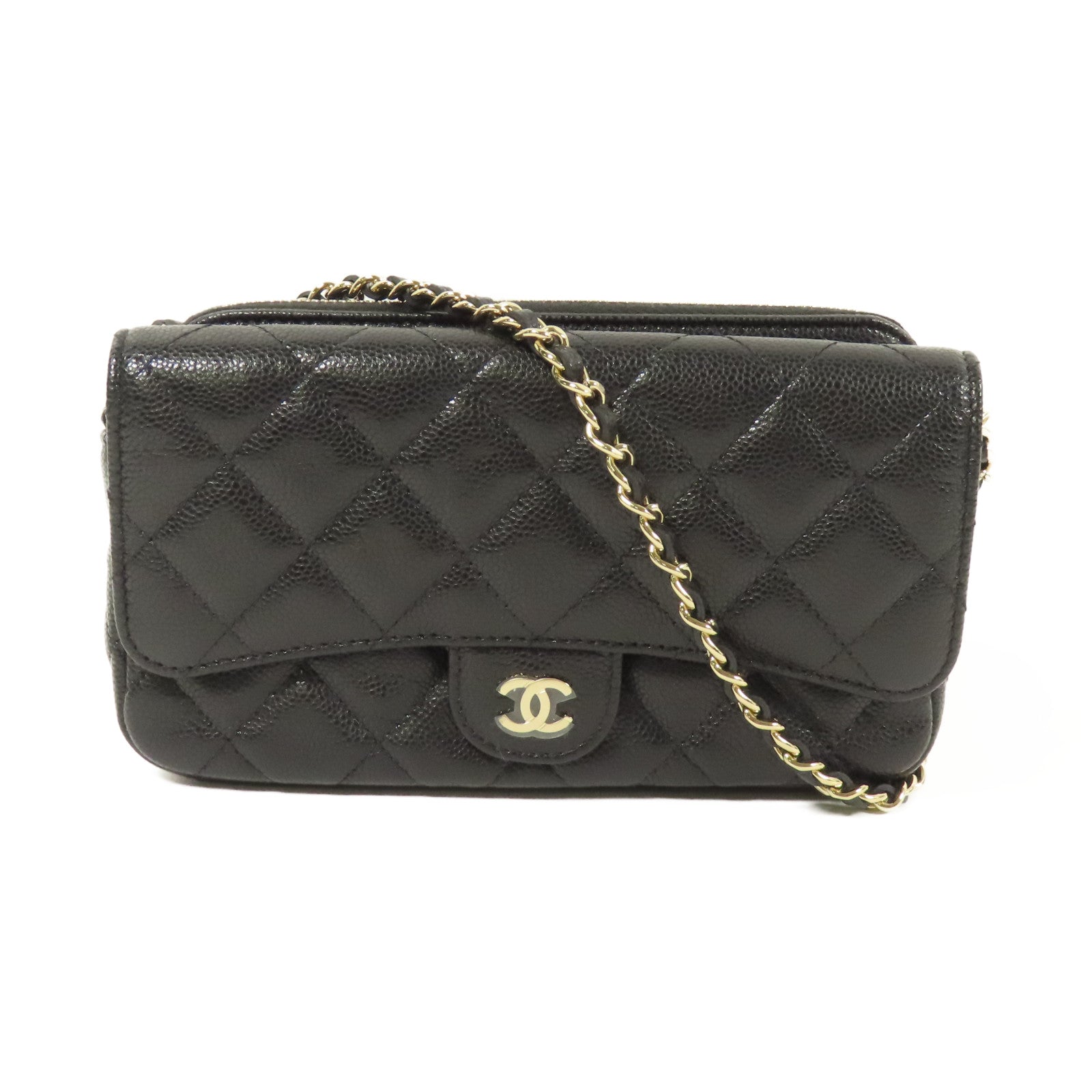 CHANEL 牛皮皮革Chain Shoulder金扣鏈帶肩背袋