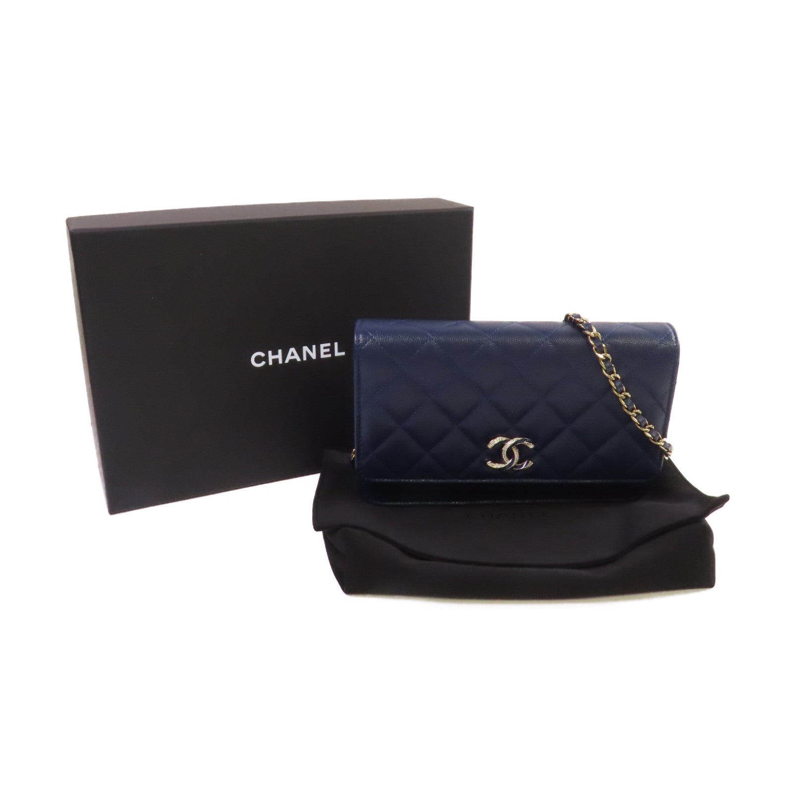 CHANEL 菱格Caviar皮革WOC Wallet On Chain Shoulder Bag銀扣鏈帶肩背袋藍色