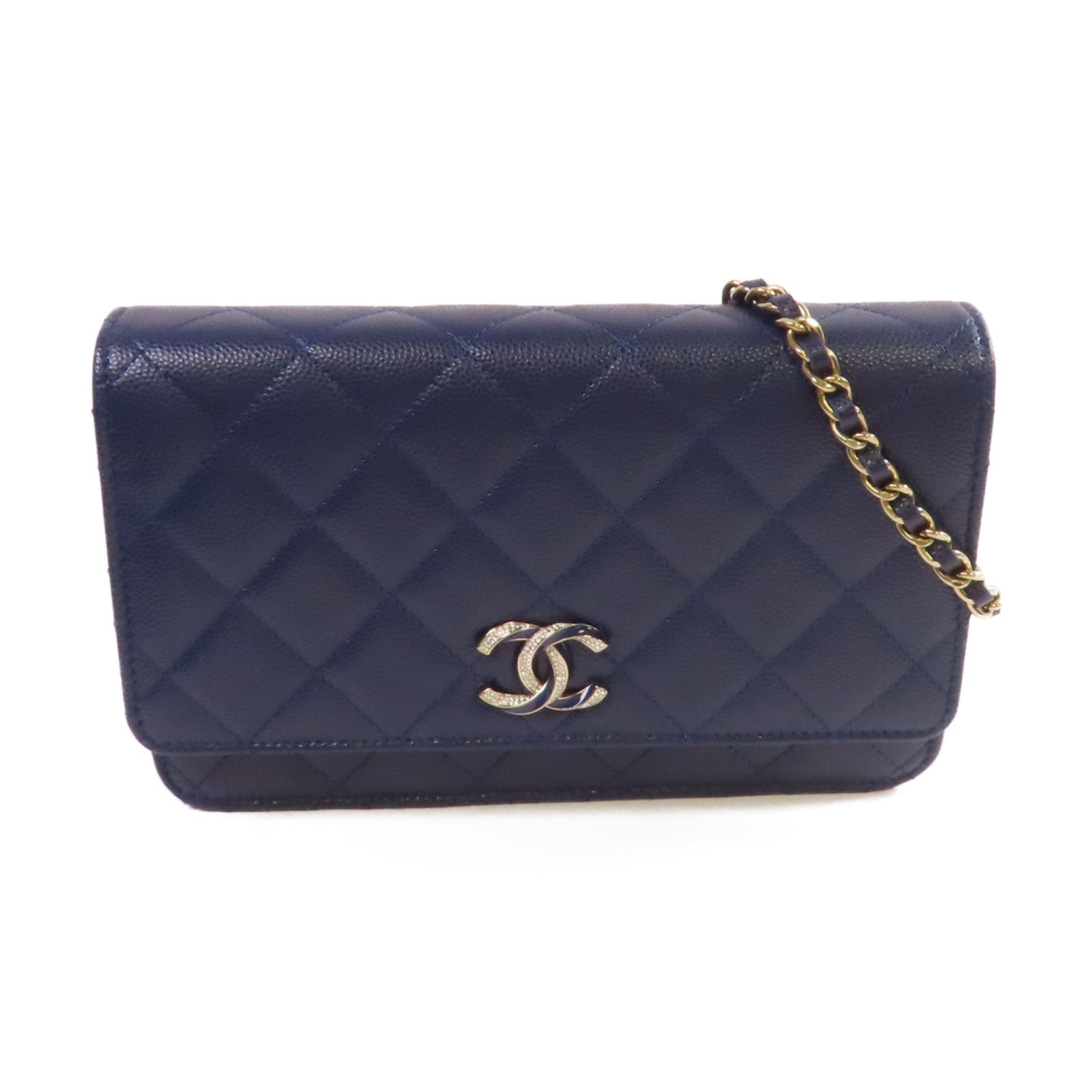 CHANEL 菱格Caviar皮革WOC Wallet On Chain Shoulder Bag銀扣鏈帶肩背袋藍色