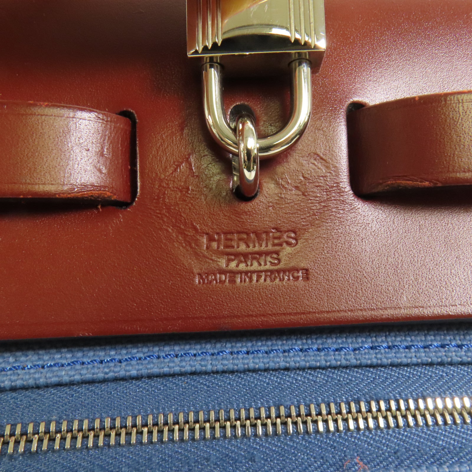 HERMES 帆布HerBag PM銀扣手挽肩背兩用袋Blue Agate