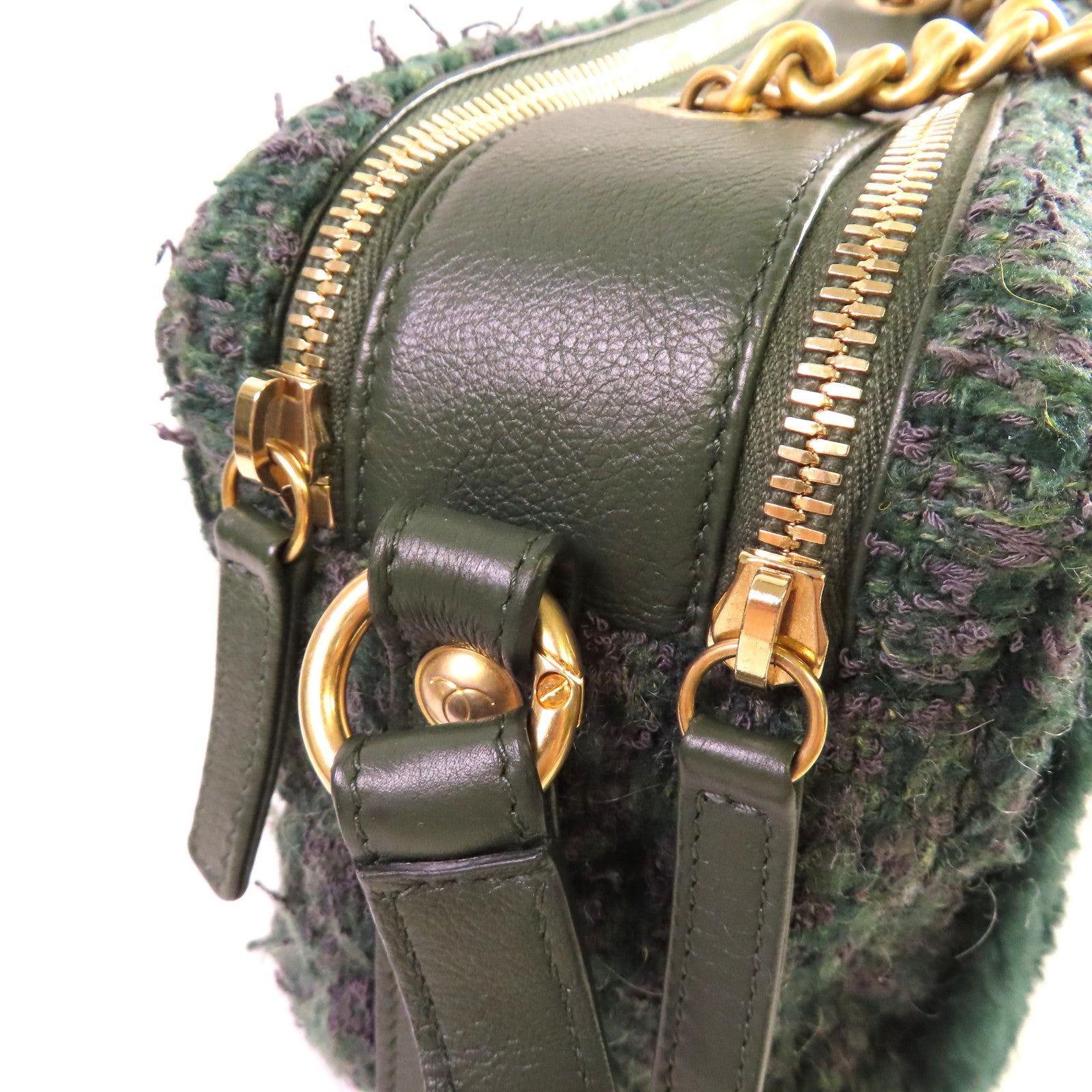 CHANEL 菱格斜紋軟呢Chain Shoulder Bag金扣鏈帶肩背袋綠色