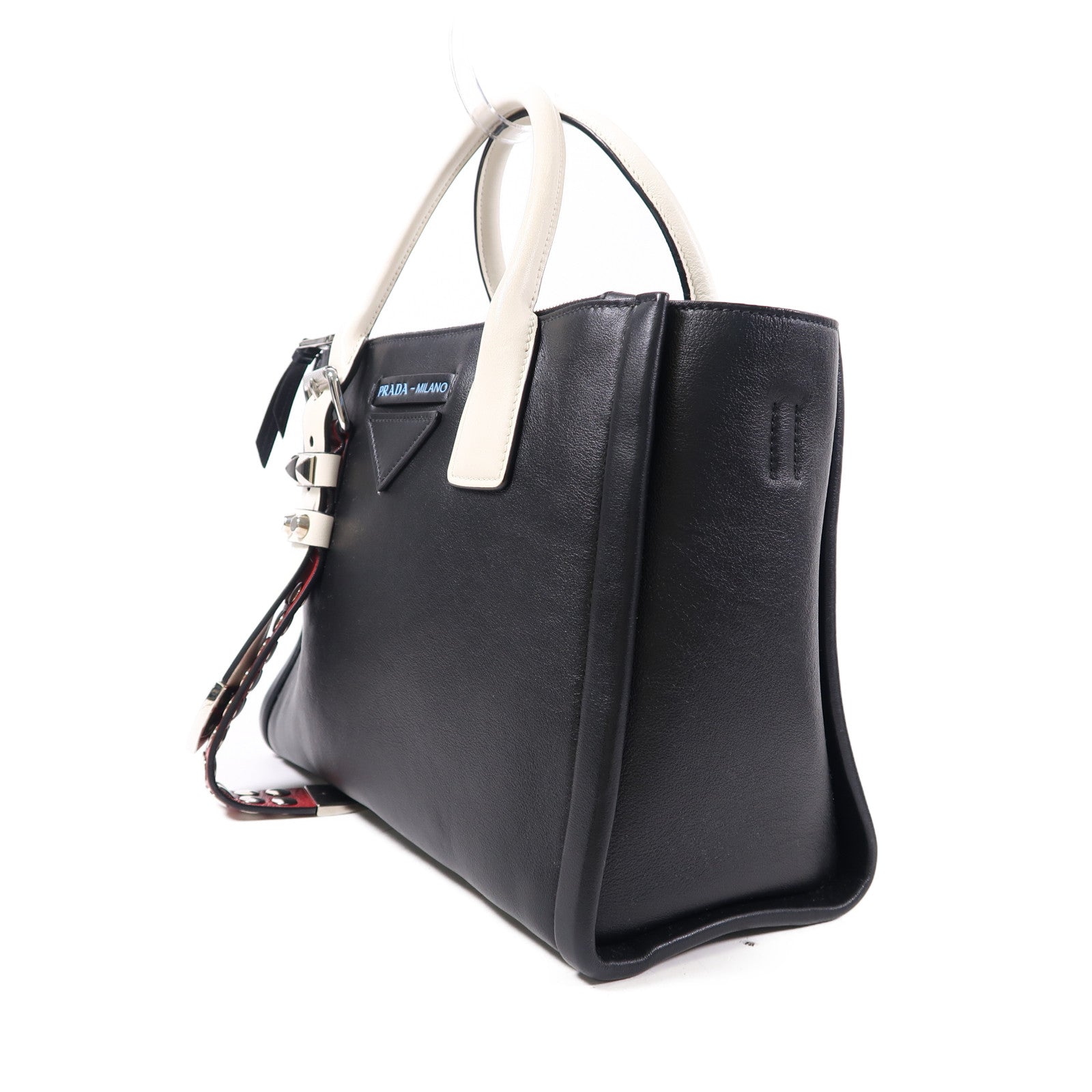 PRADA 牛皮皮革2 Way Shoulder銀扣手挽肩背兩用袋黑色/白色