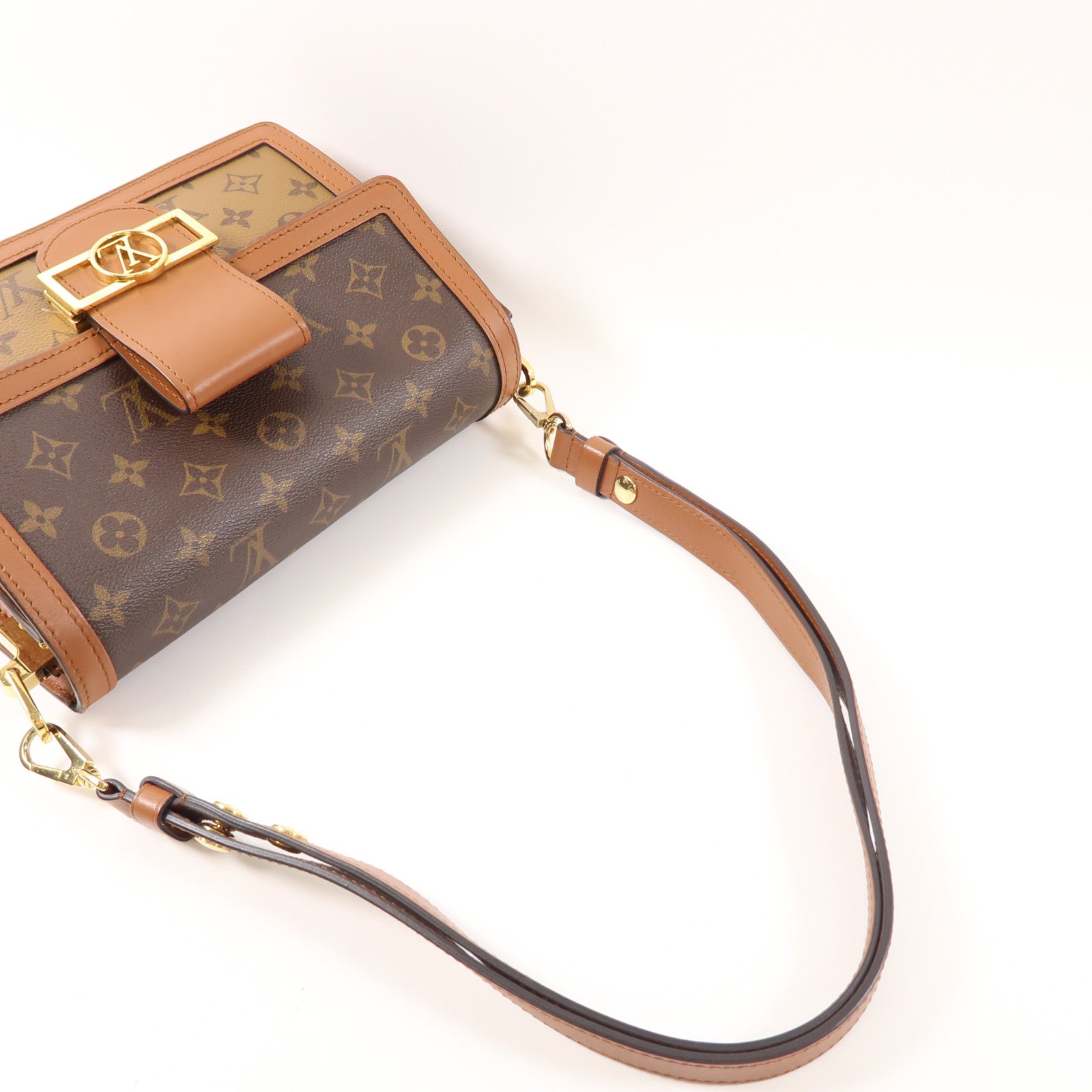 LOUIS VUITTON Monogram/Monogram Reverse Dauphine MM金扣手挽肩背兩用袋棕色
