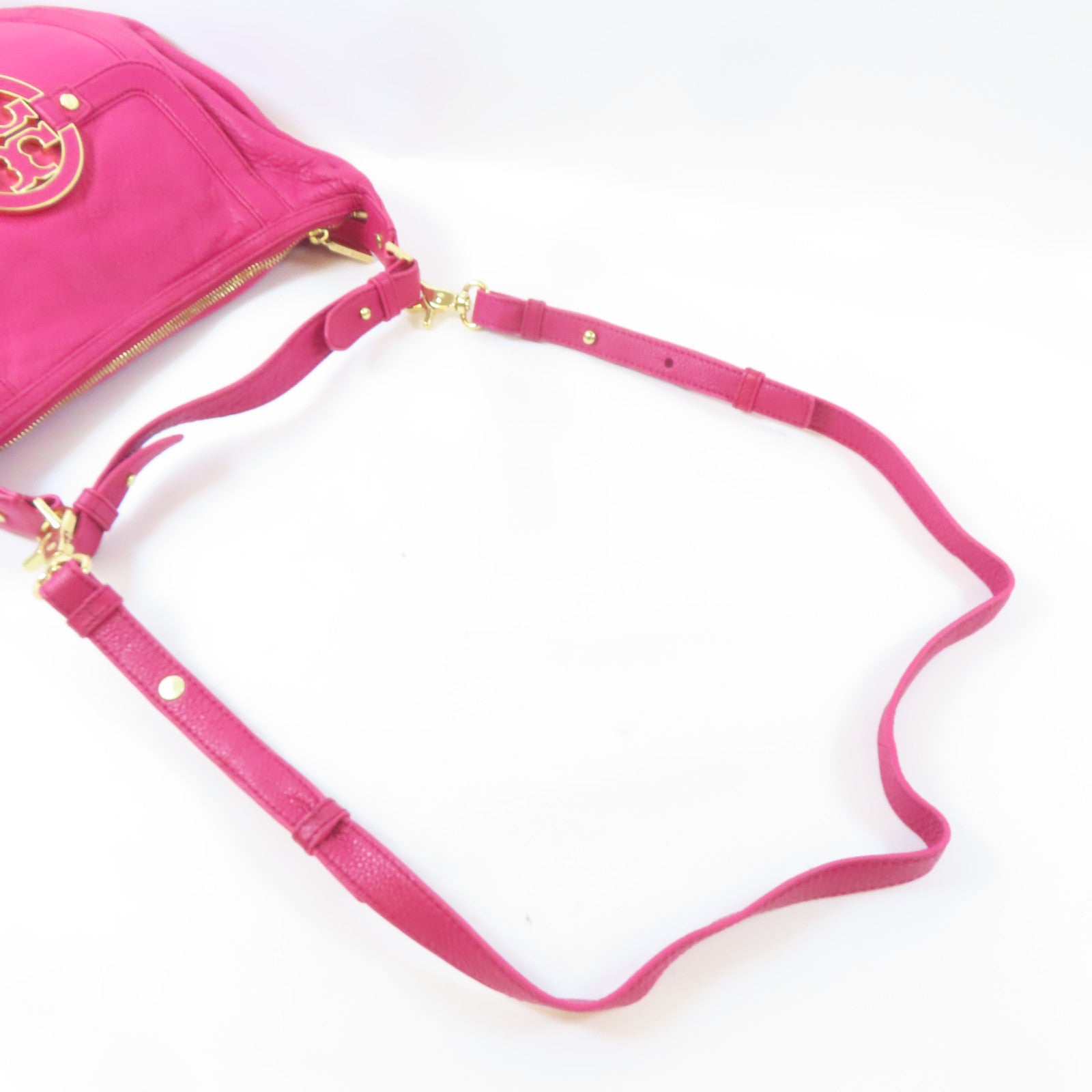 Tory Burch 【激減優惠】牛皮皮革Amanda Mini Flat Hobo金扣手挽肩背兩用袋桃紅色