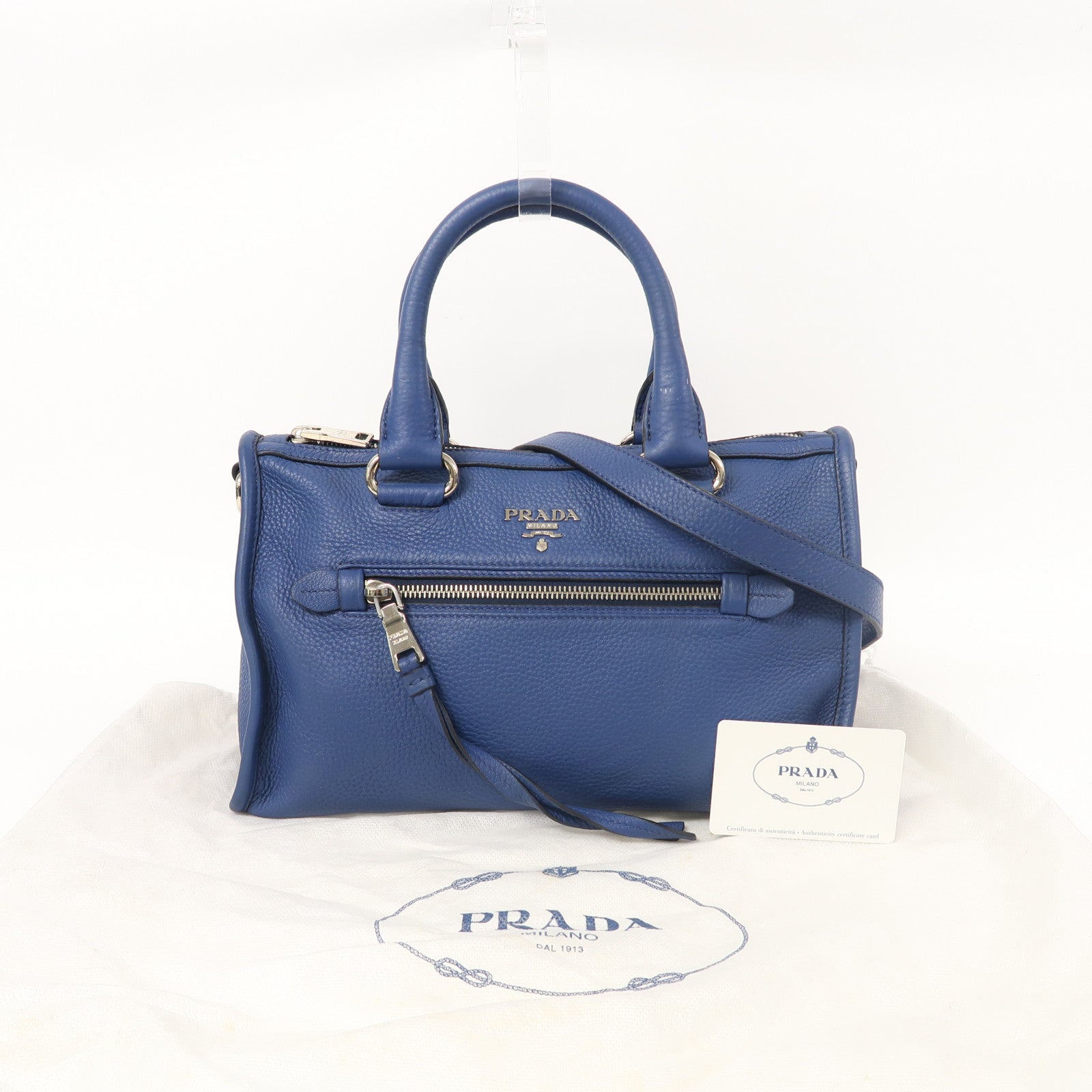 PRADA 牛皮皮革2 Way Shoulder銀扣手挽肩背兩用袋藍色