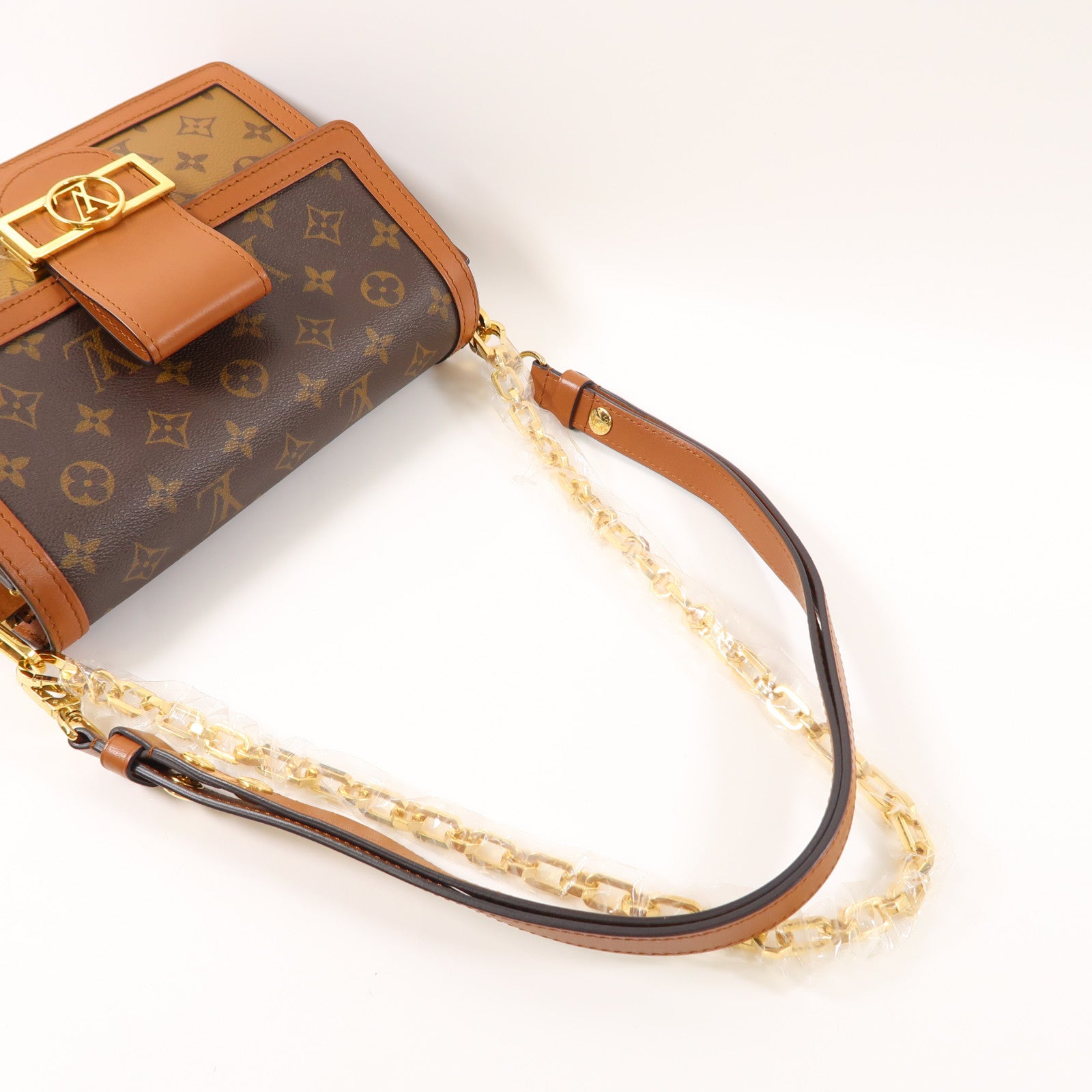 LOUIS VUITTON Monogram/Monogram Reverse Dauphine MM金扣手挽肩背兩用袋棕色