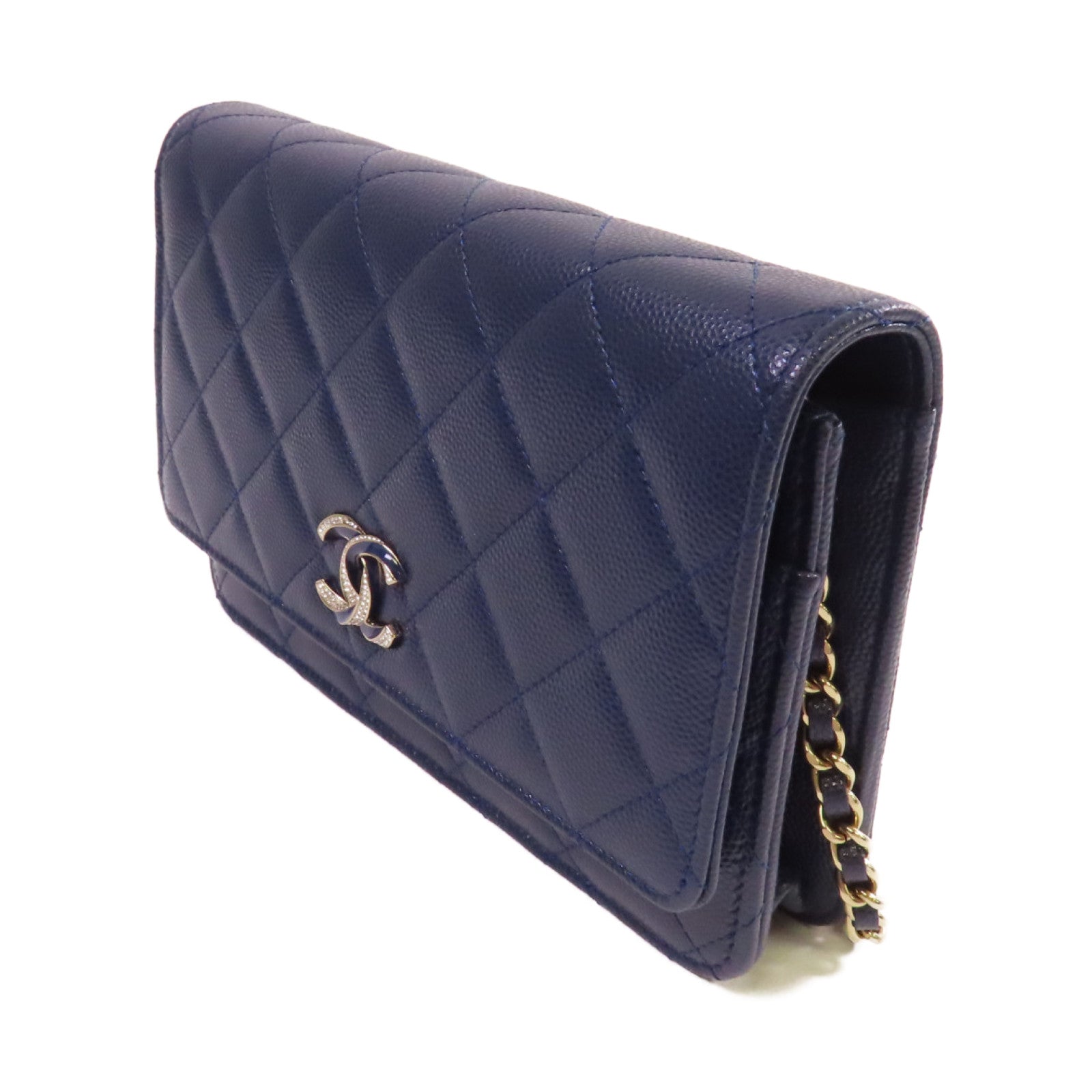 CHANEL 菱格Caviar皮革WOC Wallet On Chain Shoulder Bag銀扣鏈帶肩背袋藍色