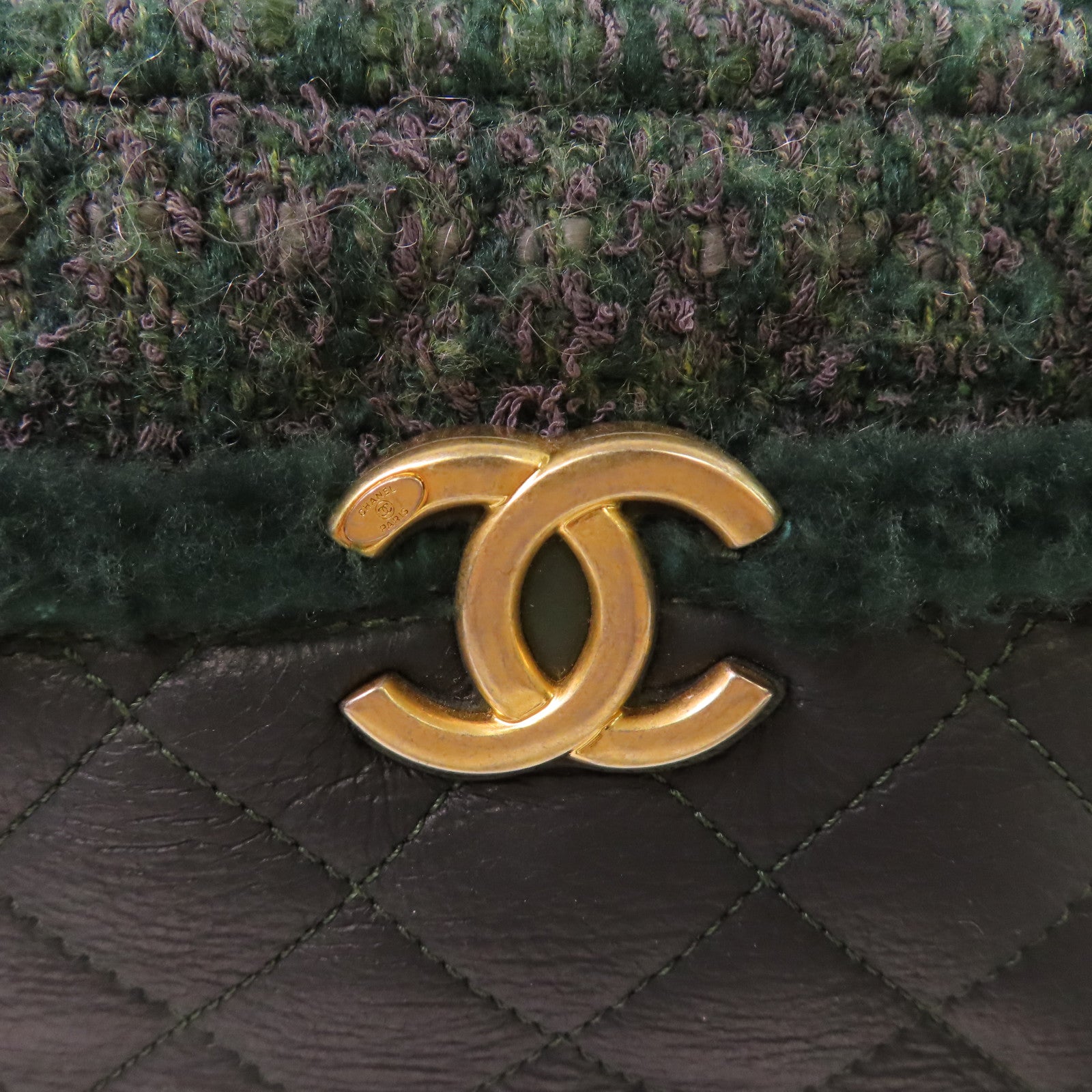 CHANEL 菱格斜紋軟呢Chain Shoulder Bag金扣鏈帶肩背袋綠色