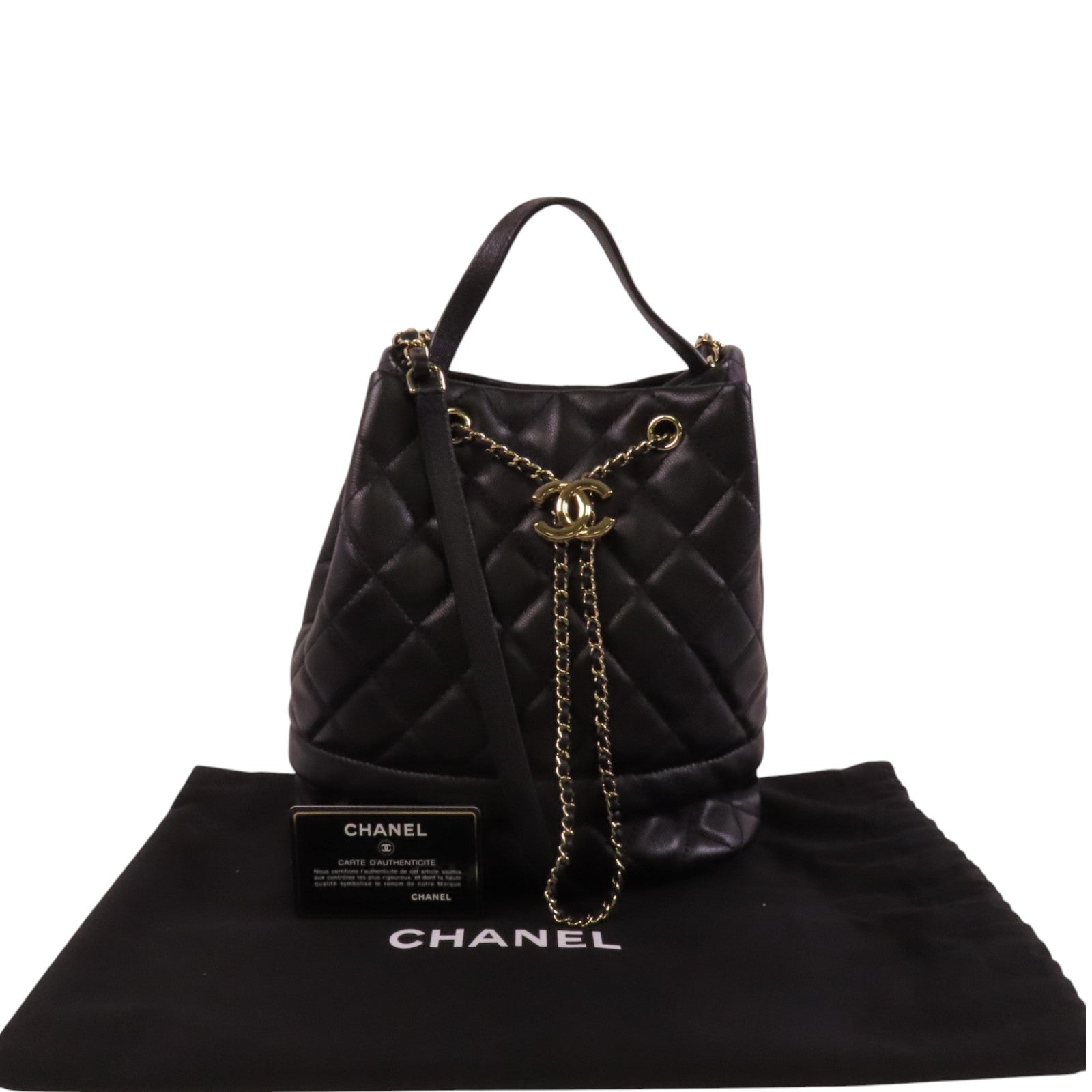 CHANEL 牛皮皮革Bucket Bag金扣鏈帶手挽肩背兩用袋