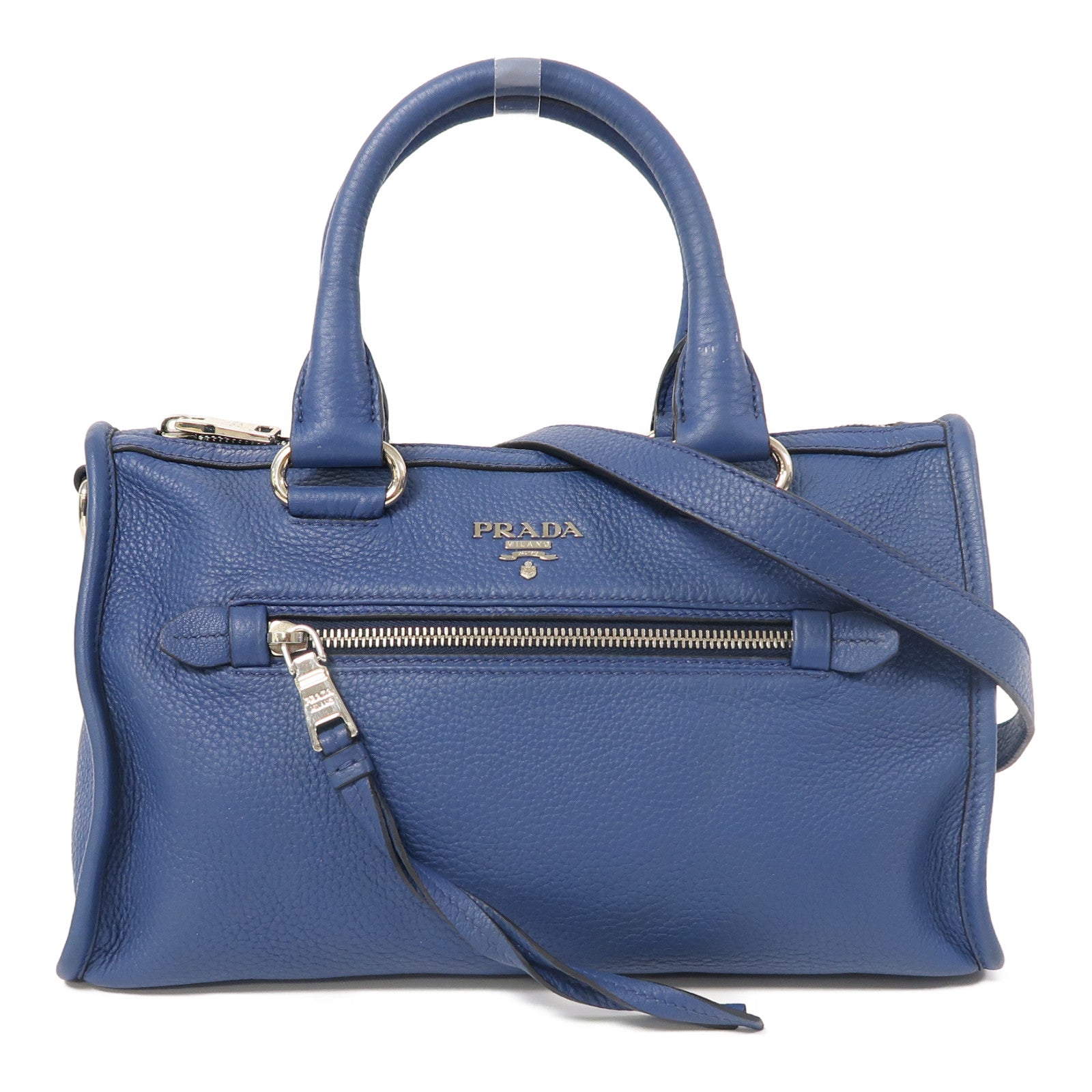 PRADA 牛皮皮革2 Way Shoulder銀扣手挽肩背兩用袋藍色