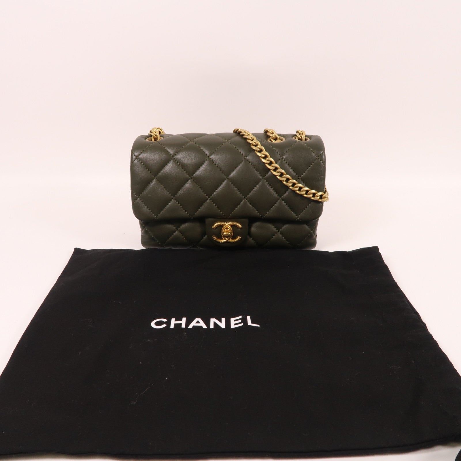 CHANEL 羊皮皮革Chain Shoulder金扣鏈帶肩背袋綠色