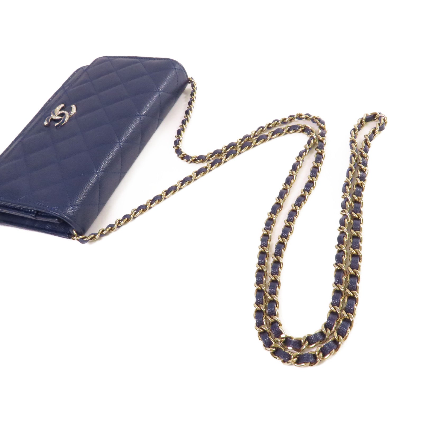 CHANEL 菱格Caviar皮革WOC Wallet On Chain Shoulder Bag銀扣鏈帶肩背袋藍色