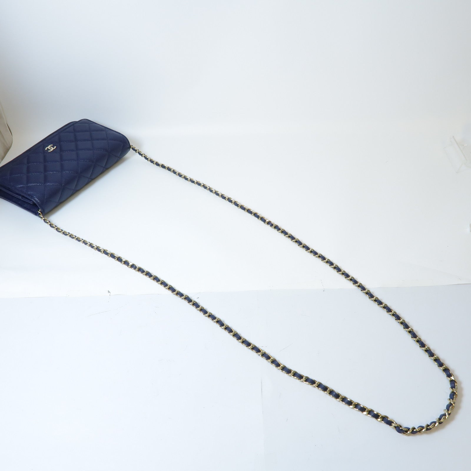 CHANEL 菱格牛皮皮革Wallet On Chain金扣鏈帶肩背袋藍色