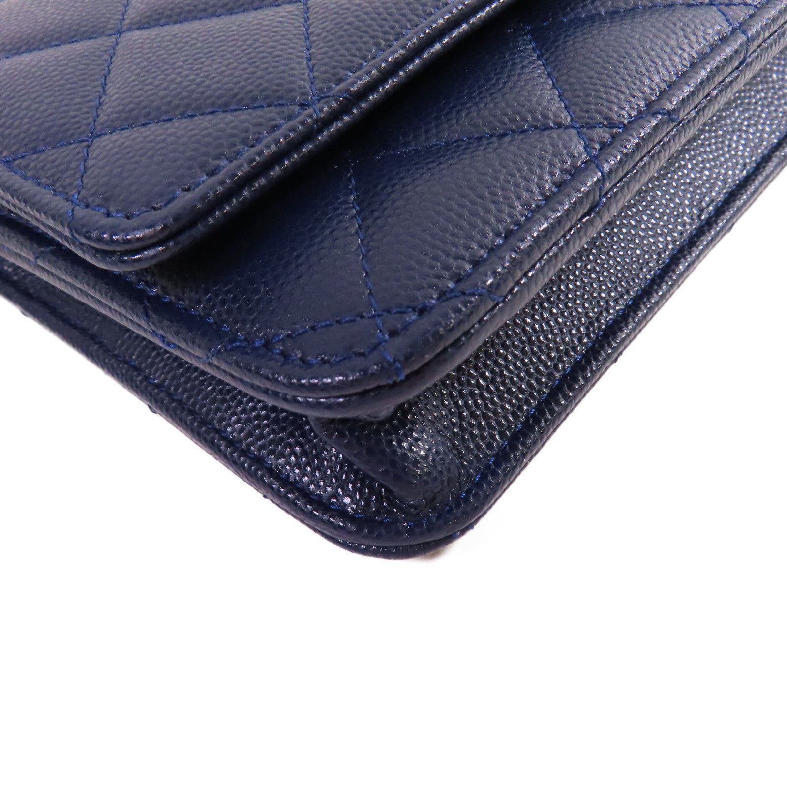 CHANEL 菱格Caviar皮革WOC Wallet On Chain Shoulder Bag銀扣鏈帶肩背袋藍色