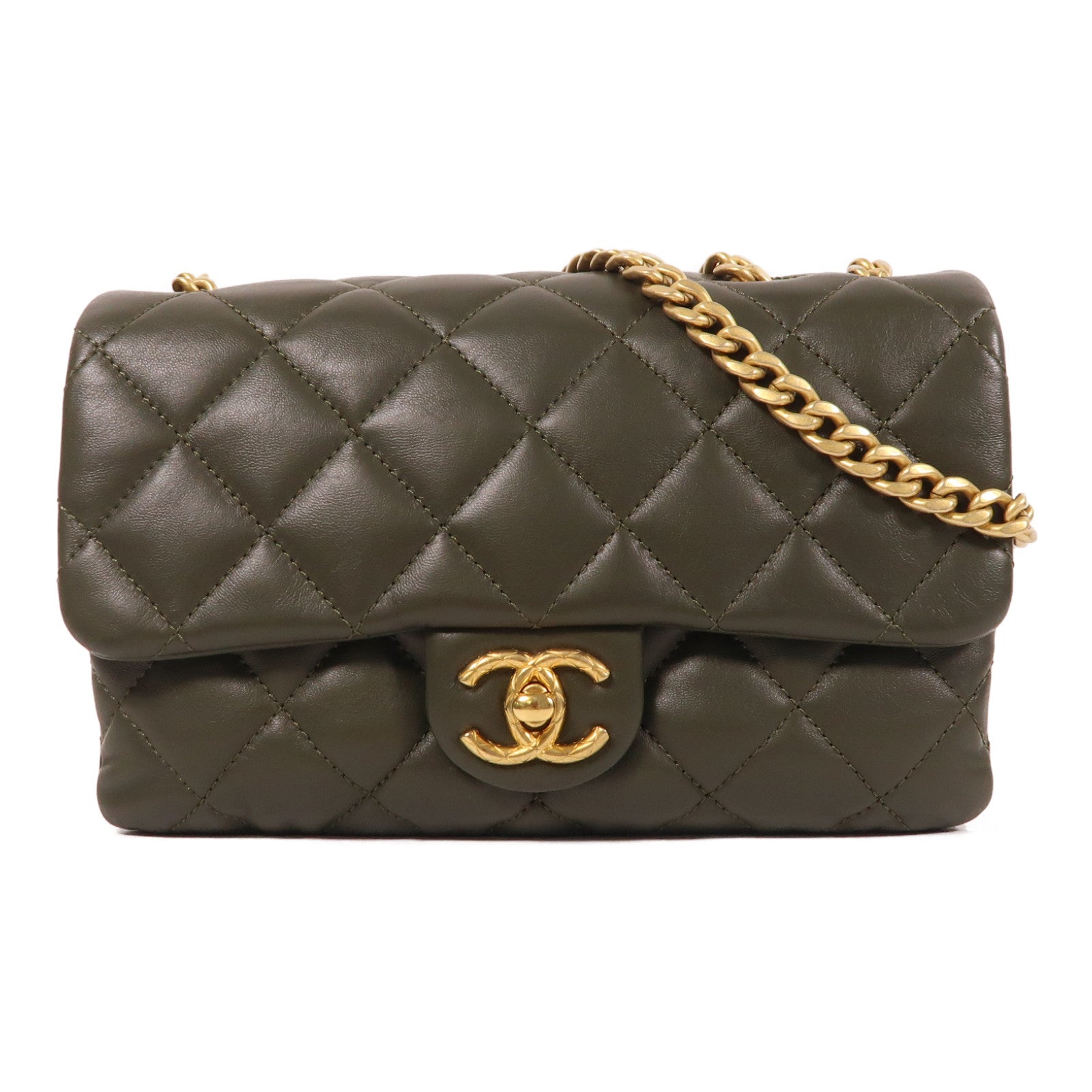 CHANEL 羊皮皮革Chain Shoulder金扣鏈帶肩背袋綠色