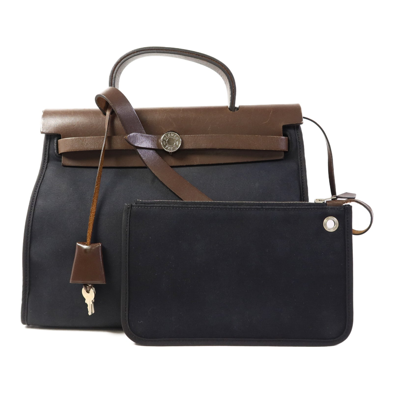 HERMES 帆布Herbag PM銀扣手挽肩背兩用袋Noir