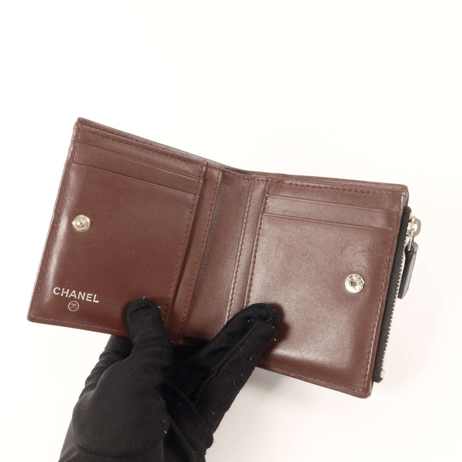 CHANEL 牛皮皮革Compact Wallet銀扣錢包