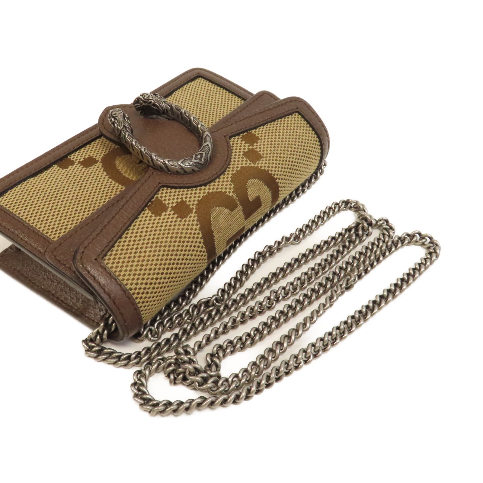 GUCCI 帆布Dionysus Mini銀扣鏈帶肩背袋啡色