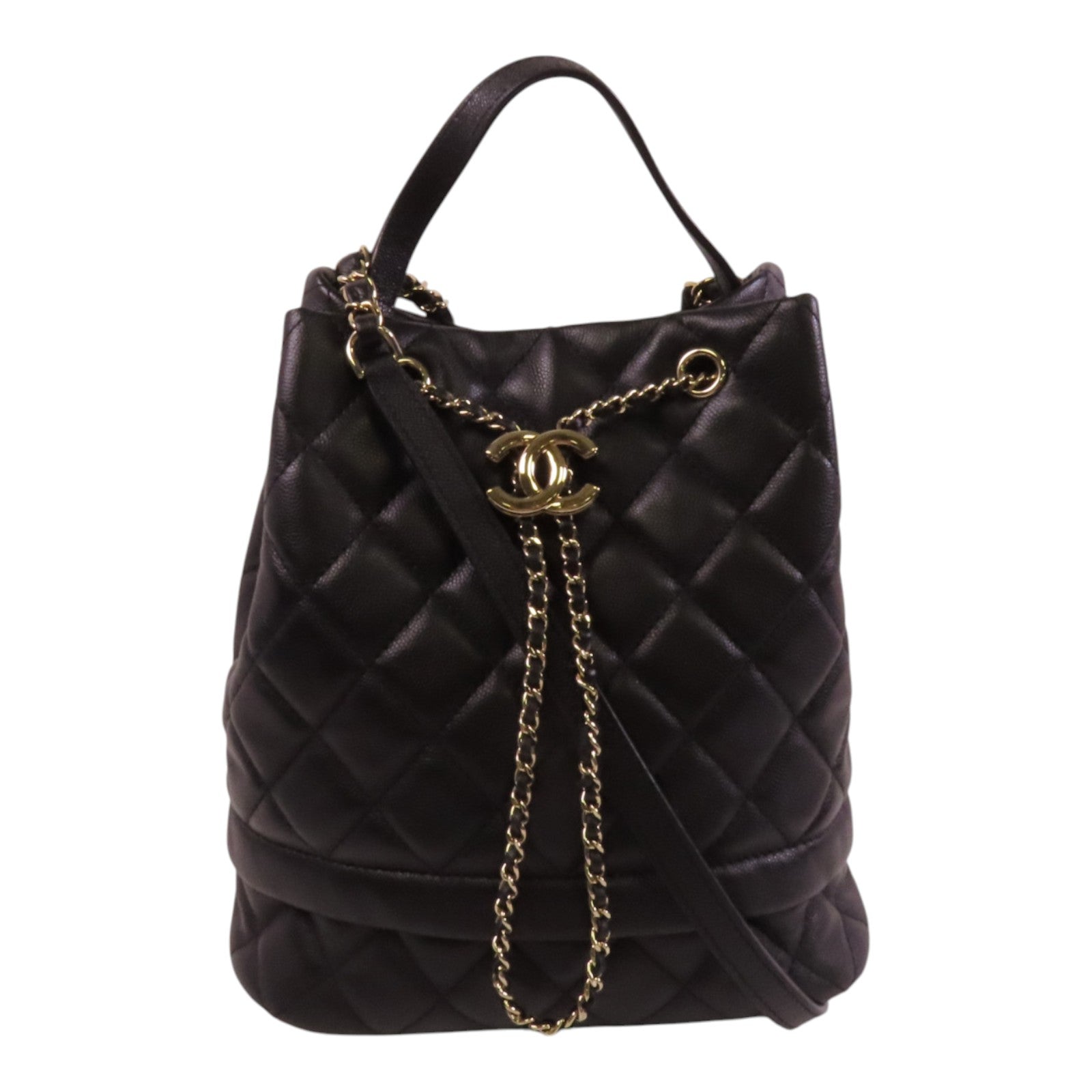 CHANEL 牛皮皮革Bucket Bag金扣鏈帶手挽肩背兩用袋