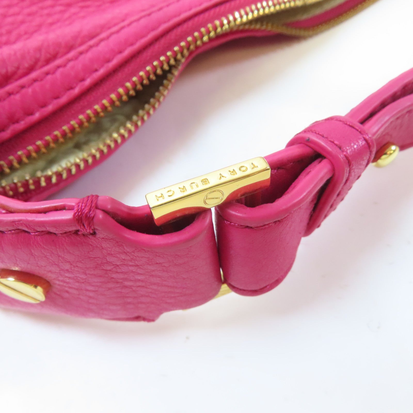 Tory Burch 【激減優惠】牛皮皮革Amanda Mini Flat Hobo金扣手挽肩背兩用袋桃紅色