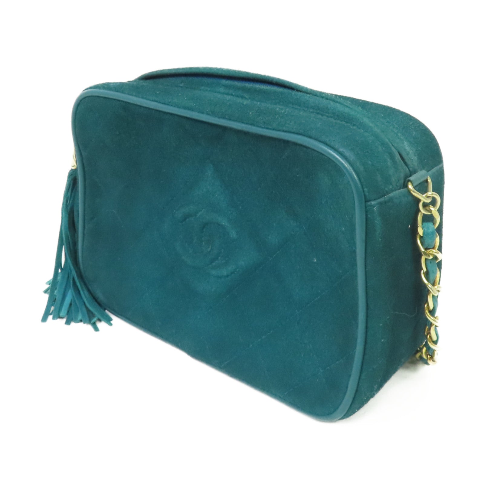 CHANEL 【激減優惠】菱格麂皮皮革Vintage Camera Bag金扣肩背袋綠色