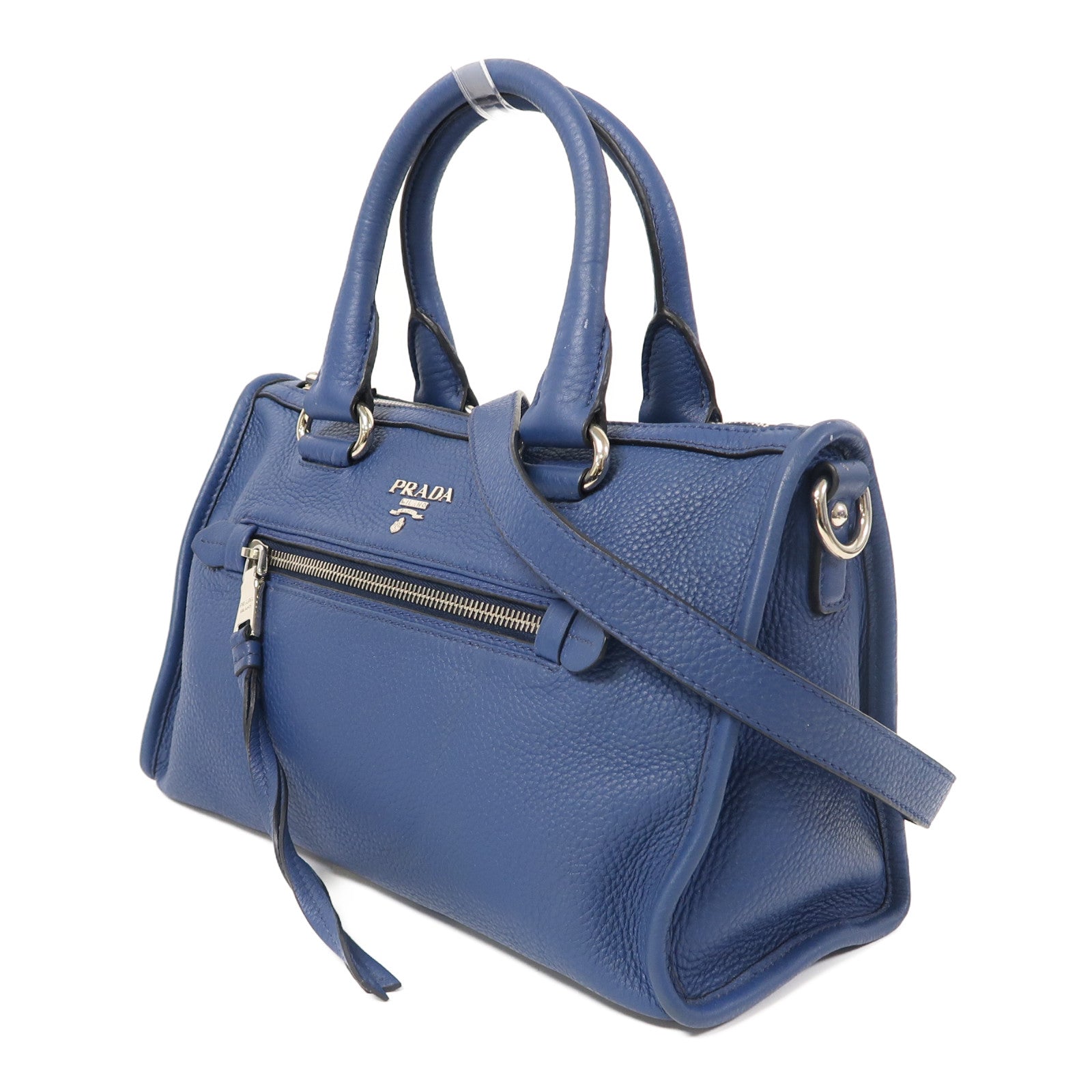 PRADA 牛皮皮革2 Way Shoulder銀扣手挽肩背兩用袋藍色