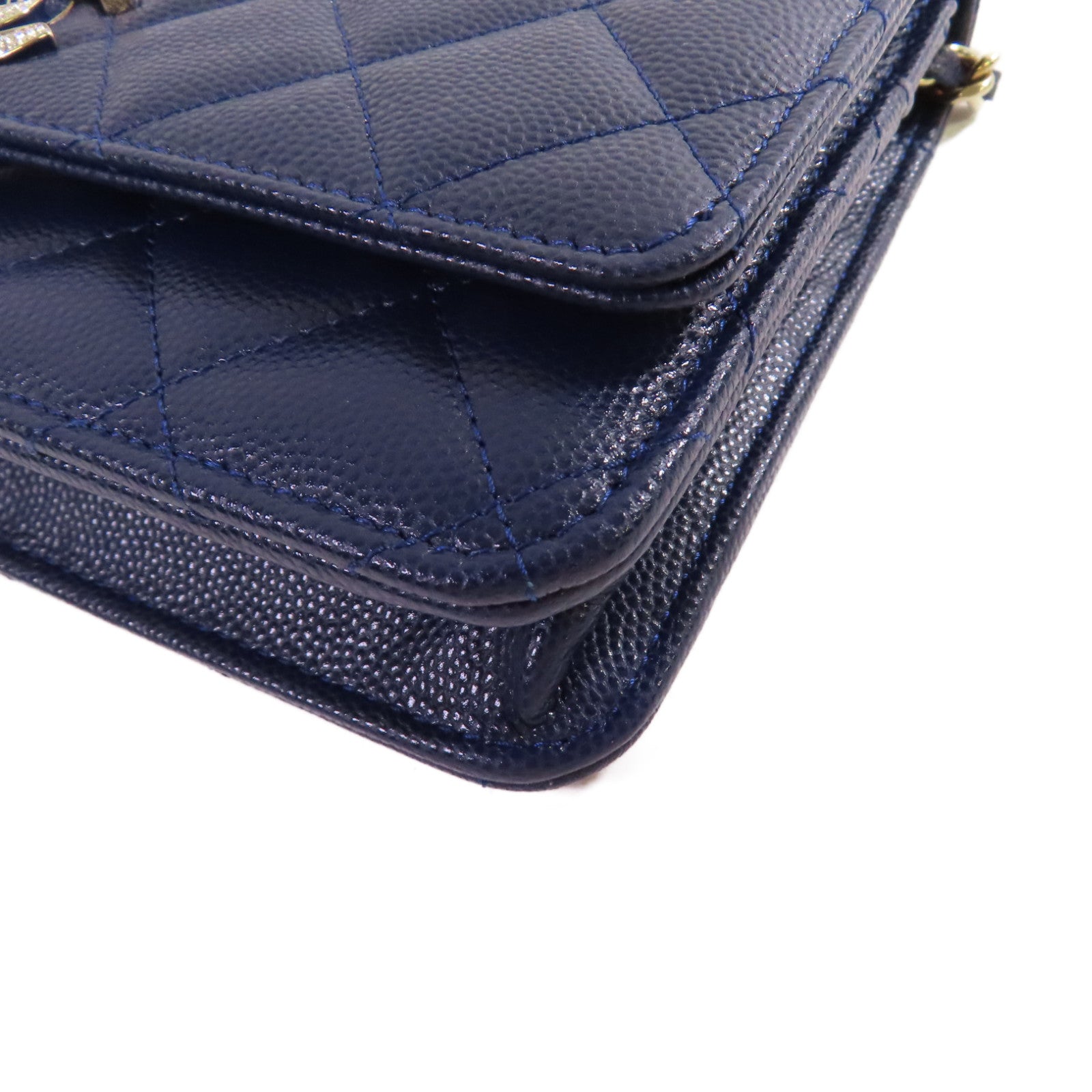 CHANEL 菱格Caviar皮革WOC Wallet On Chain Shoulder Bag銀扣鏈帶肩背袋藍色
