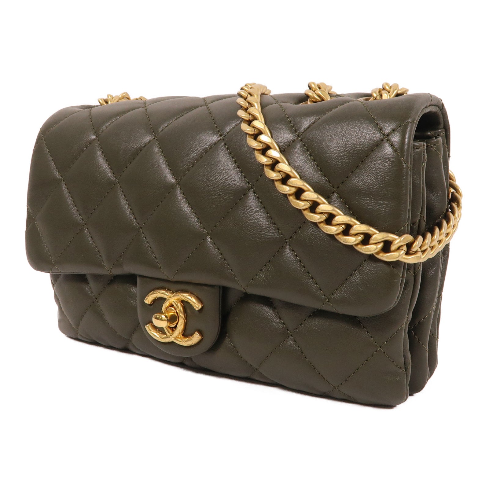 CHANEL 羊皮皮革Chain Shoulder金扣鏈帶肩背袋綠色