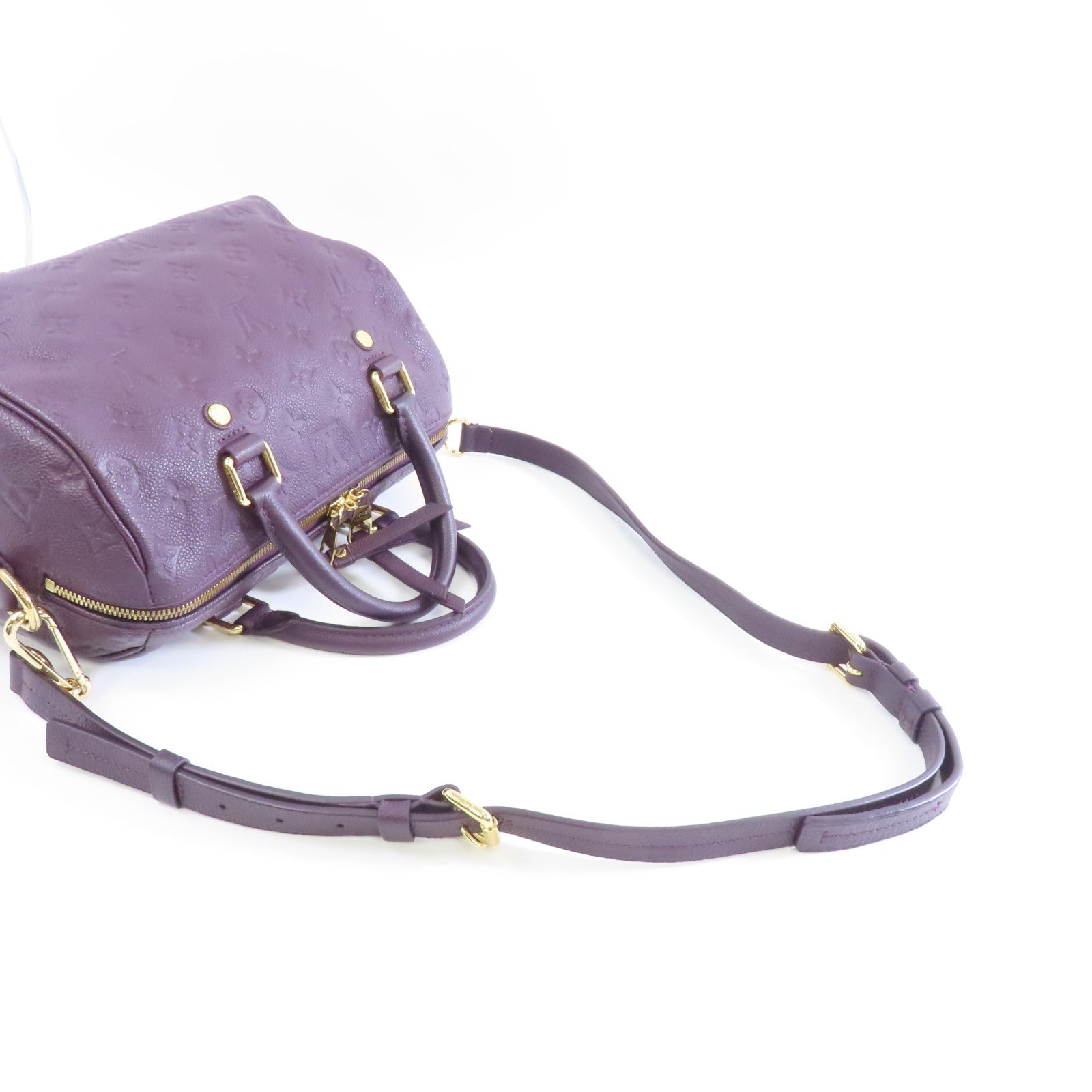 LOUIS VUITTON Monogram Empreinte Bandolier Speedy 25金扣手挽肩背兩用袋紫色
