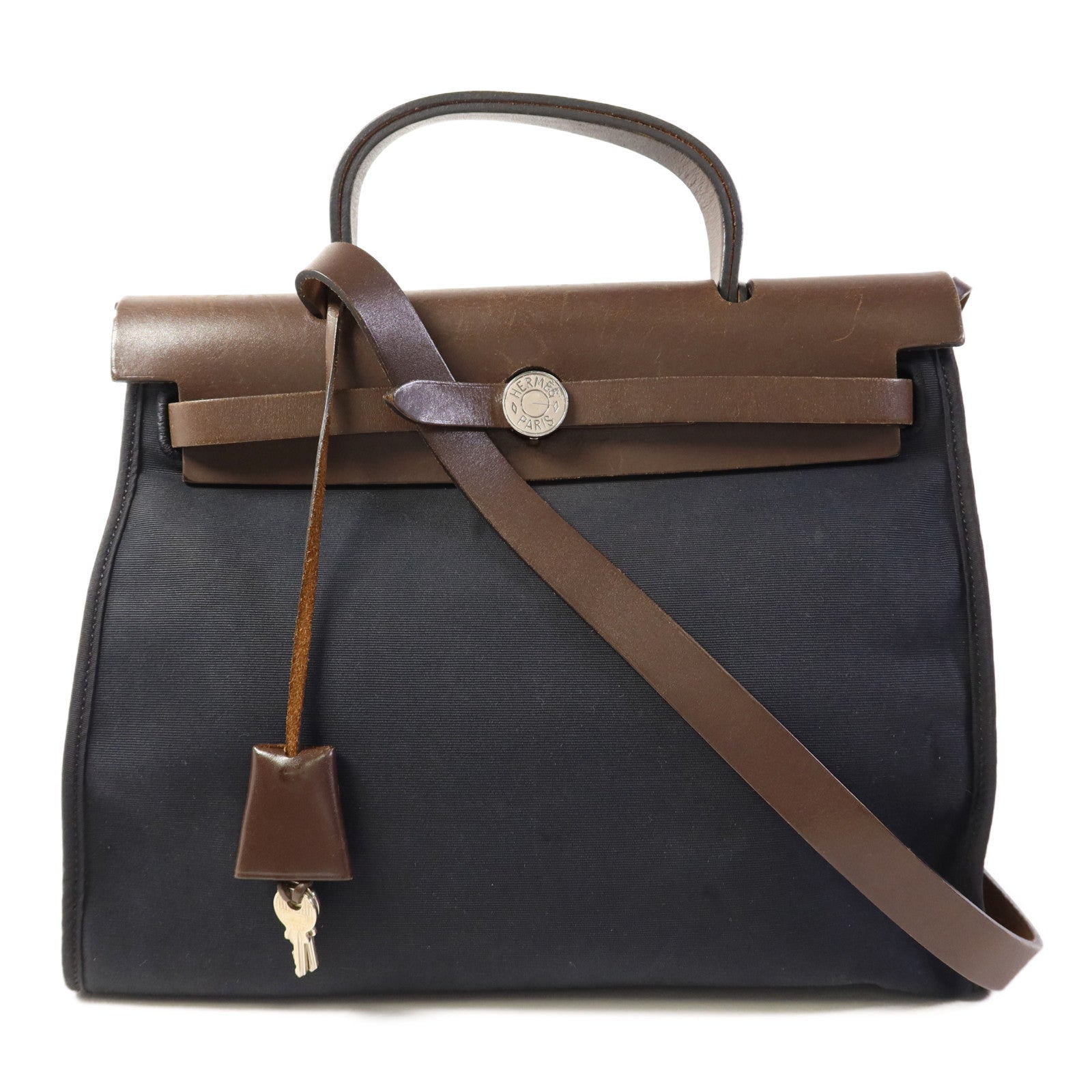 HERMES 帆布Herbag PM銀扣手挽肩背兩用袋Noir