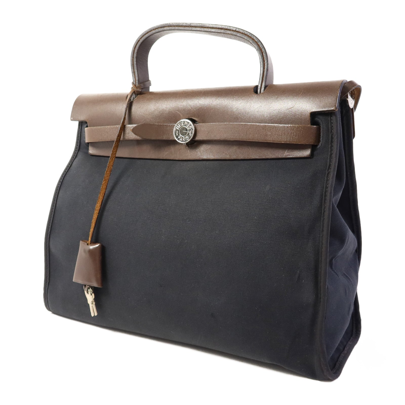HERMES 帆布Herbag PM銀扣手挽肩背兩用袋Noir