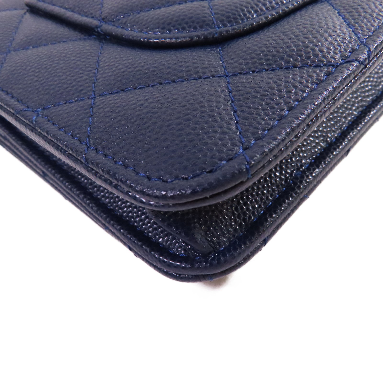 CHANEL 菱格Caviar皮革WOC Wallet On Chain Shoulder Bag銀扣鏈帶肩背袋藍色