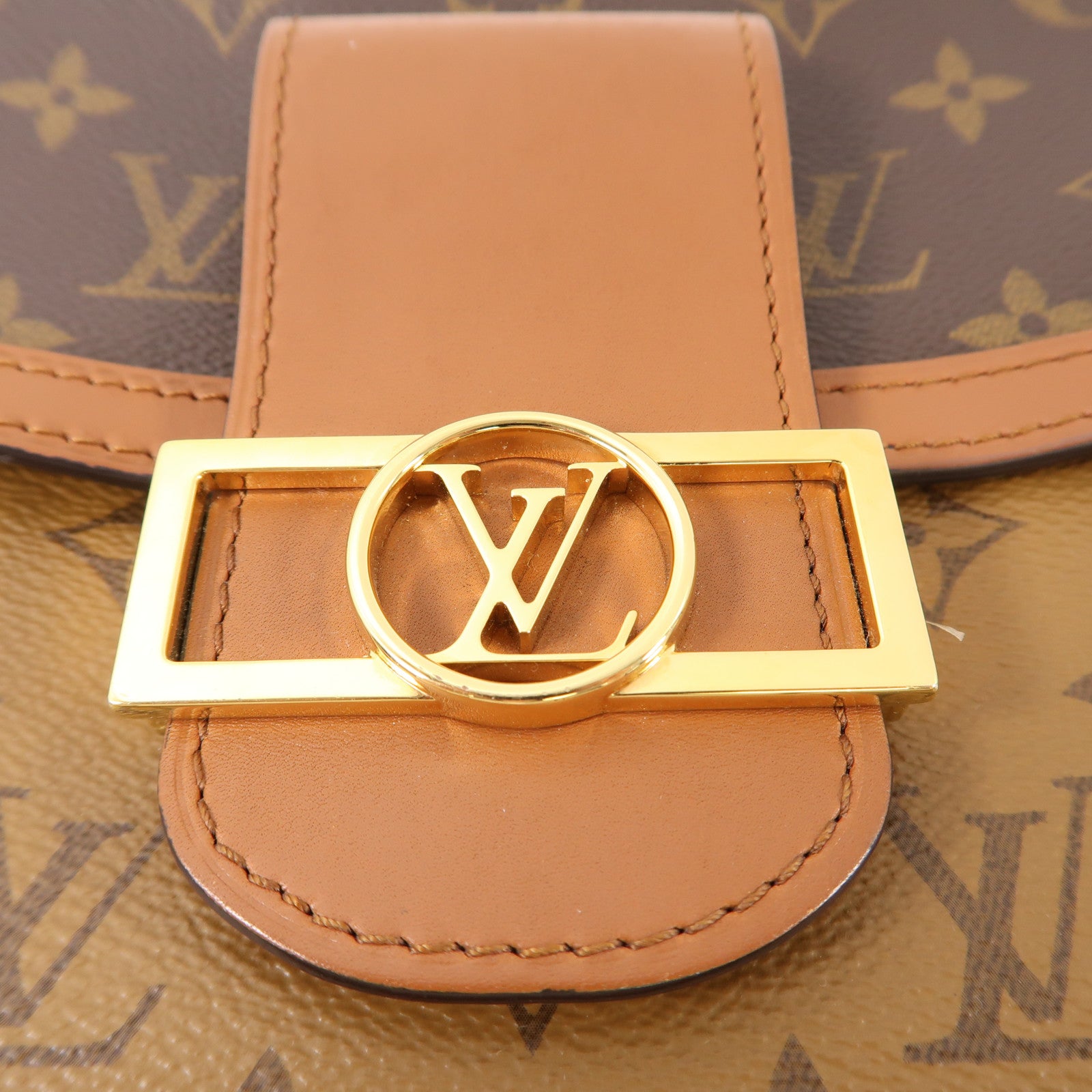 LOUIS VUITTON Monogram/Monogram Reverse Dauphine MM金扣手挽肩背兩用袋棕色