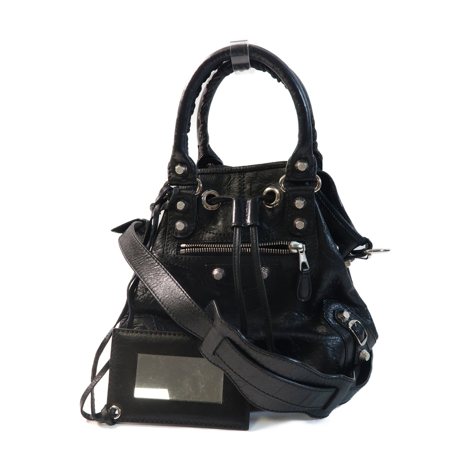 BALENCIAGA 牛皮皮革Giant 12 Mini Pompon銀扣手挽肩背兩用袋黑色