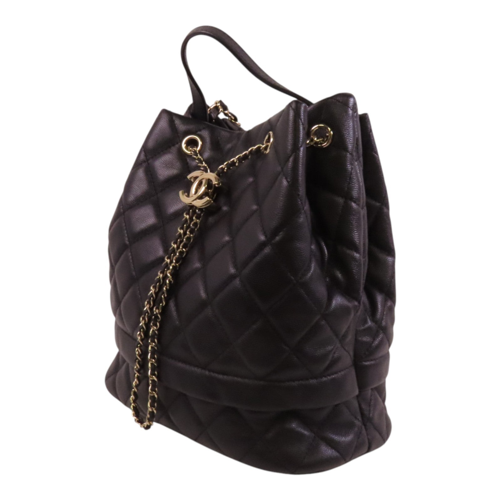 CHANEL 牛皮皮革Bucket Bag金扣鏈帶手挽肩背兩用袋