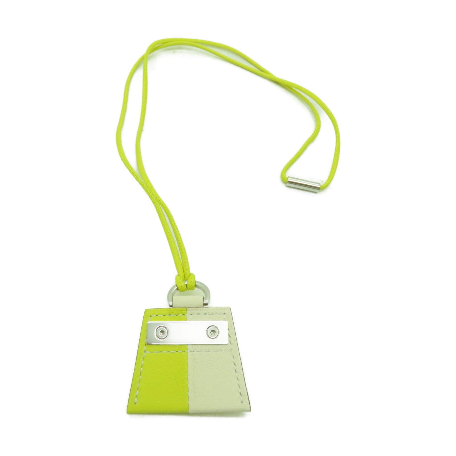 HERMES 【激減優惠】Swift皮革Mon Petit Kelly PM Necklace Pendant銀扣項鍊Lime檸檬黃色/Nata奶油白色