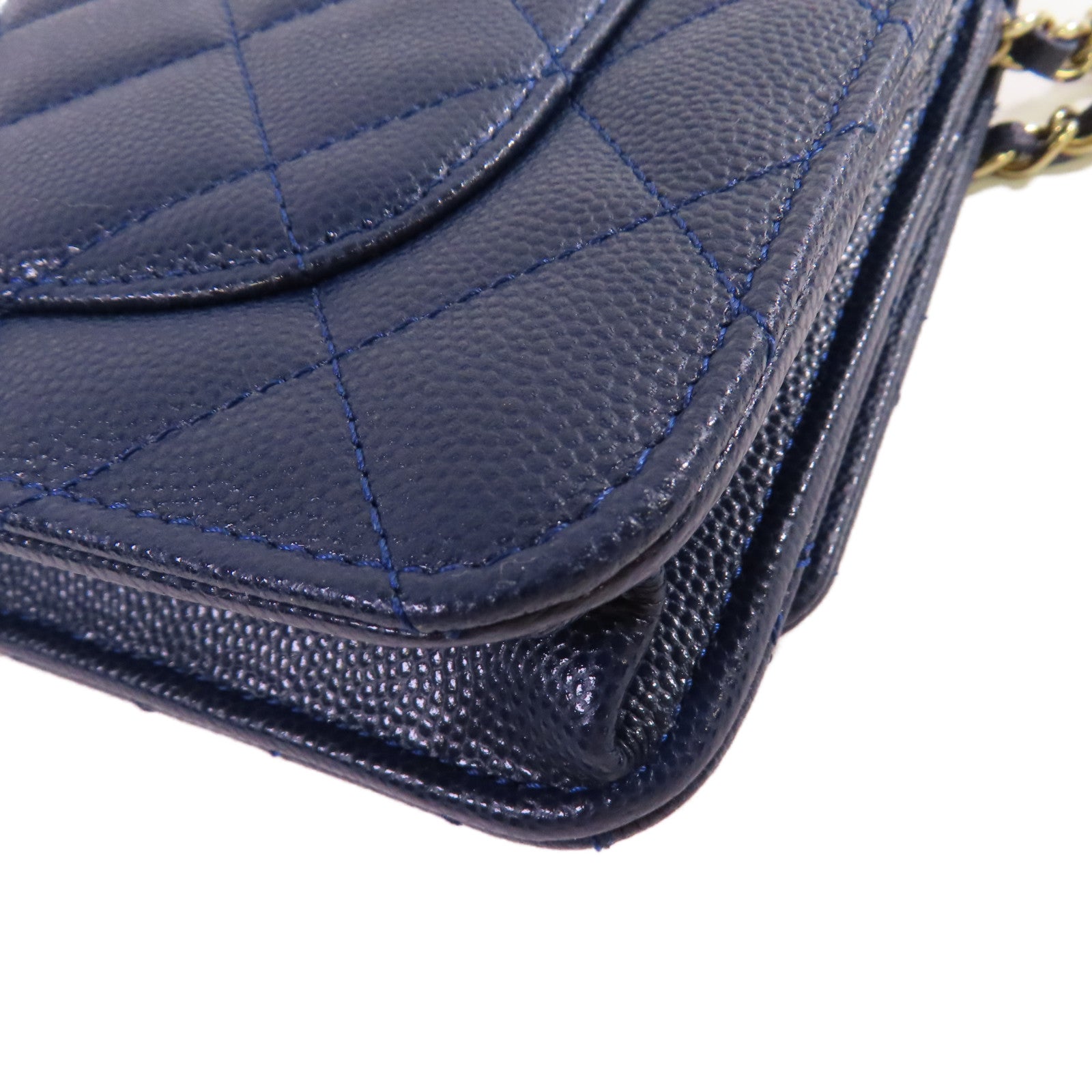 CHANEL 菱格Caviar皮革WOC Wallet On Chain Shoulder Bag銀扣鏈帶肩背袋藍色