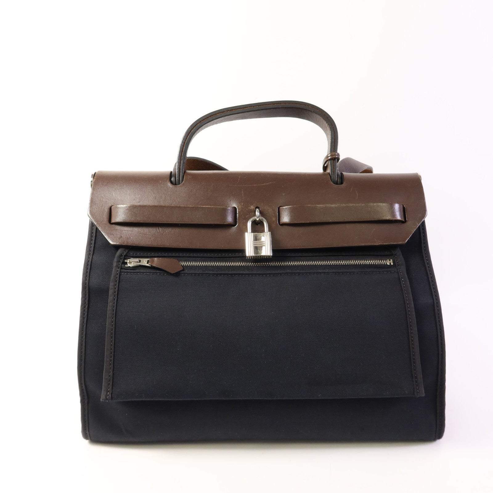 HERMES 帆布Herbag PM銀扣手挽肩背兩用袋Noir